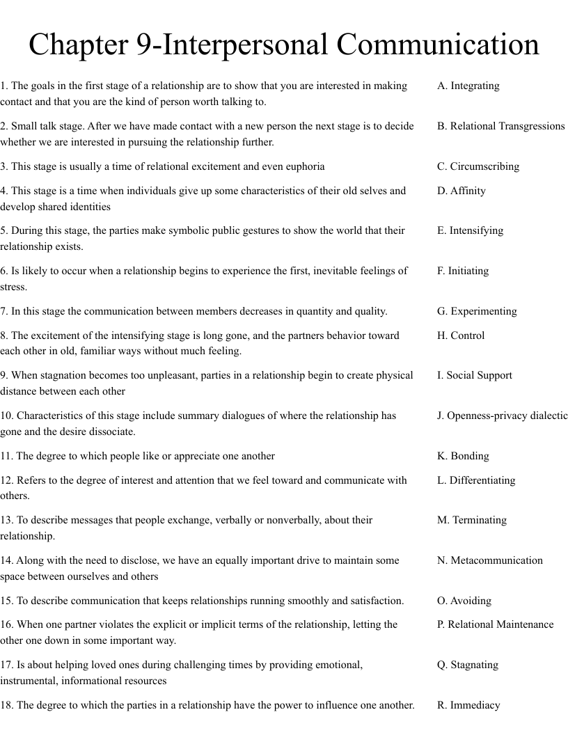 Chapter 9 Interpersonal Communication Worksheet WordMint