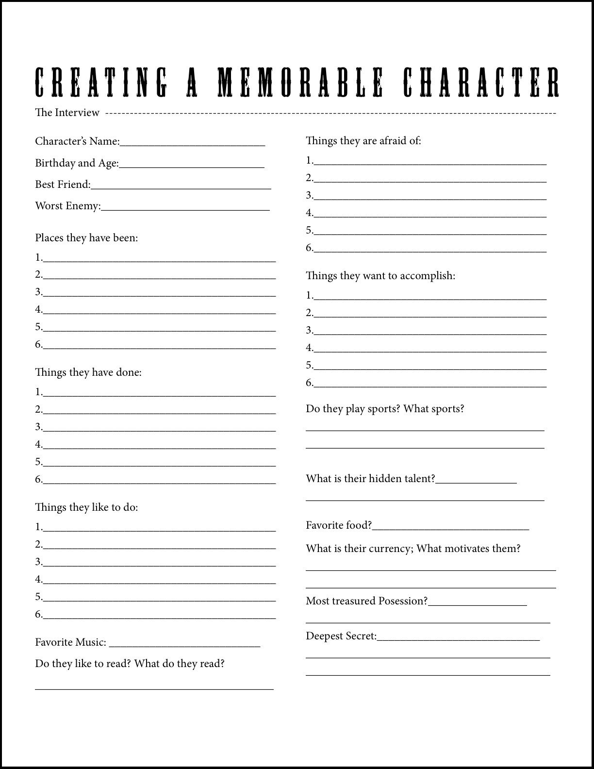 Character Interview A Worksheet For Beginners