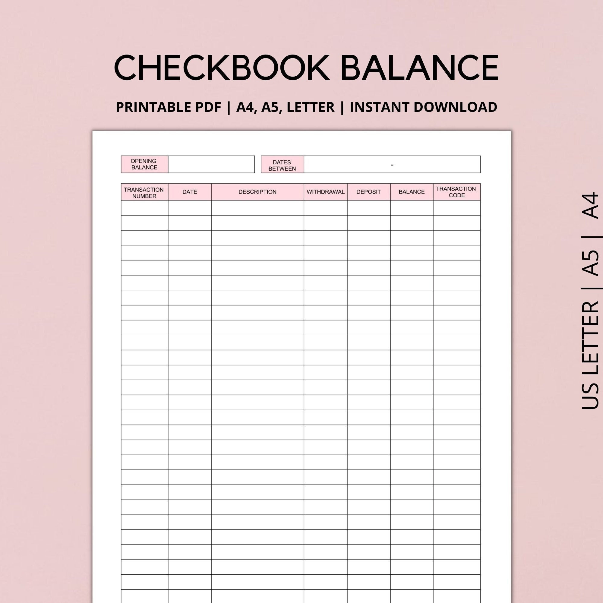 Checkbook Balance Log Printable Checkbook Register Check Register Transaction Register Income And Expense Tracker A4 LETTER A5 PDF Etsy