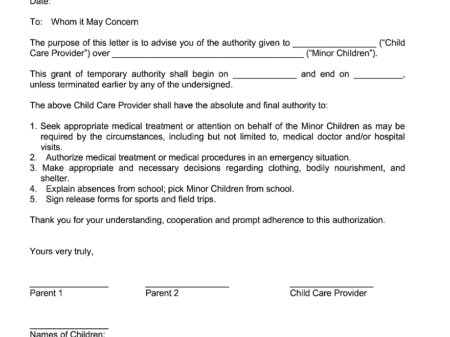 Child Care Authorization Form Template Fill