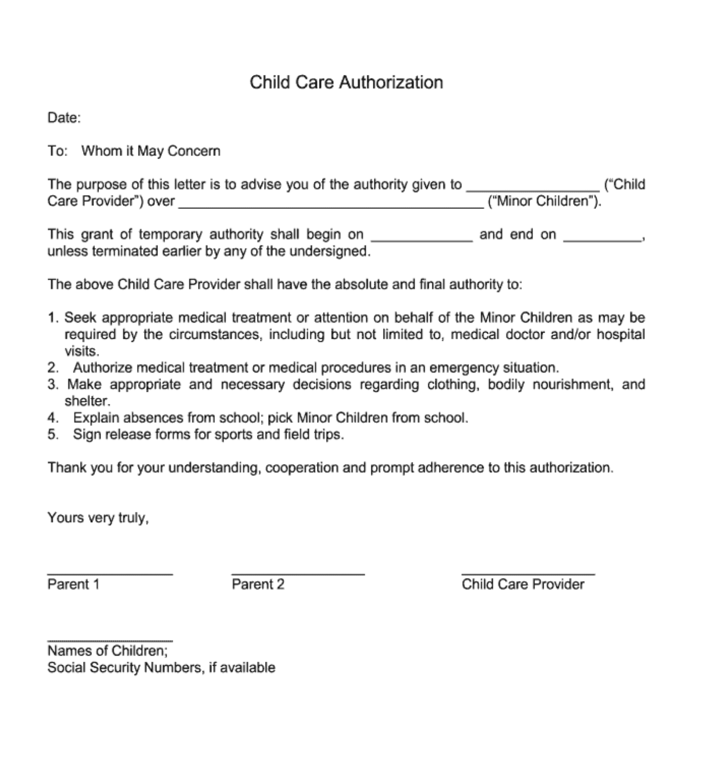 Child Care Authorization Form Template Fill