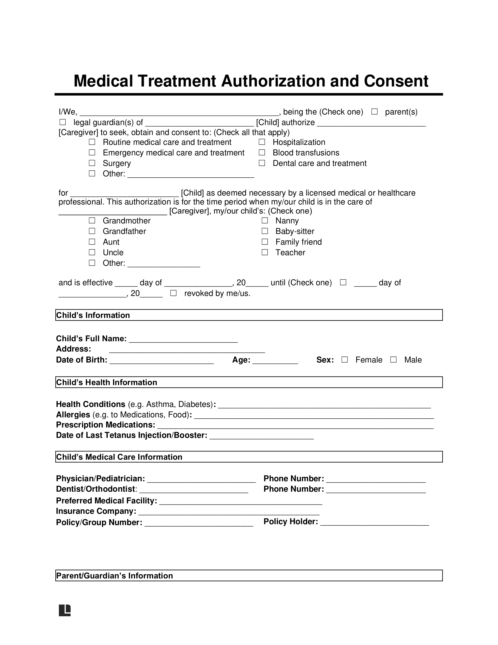 Child Care Authorization Forms Printable
