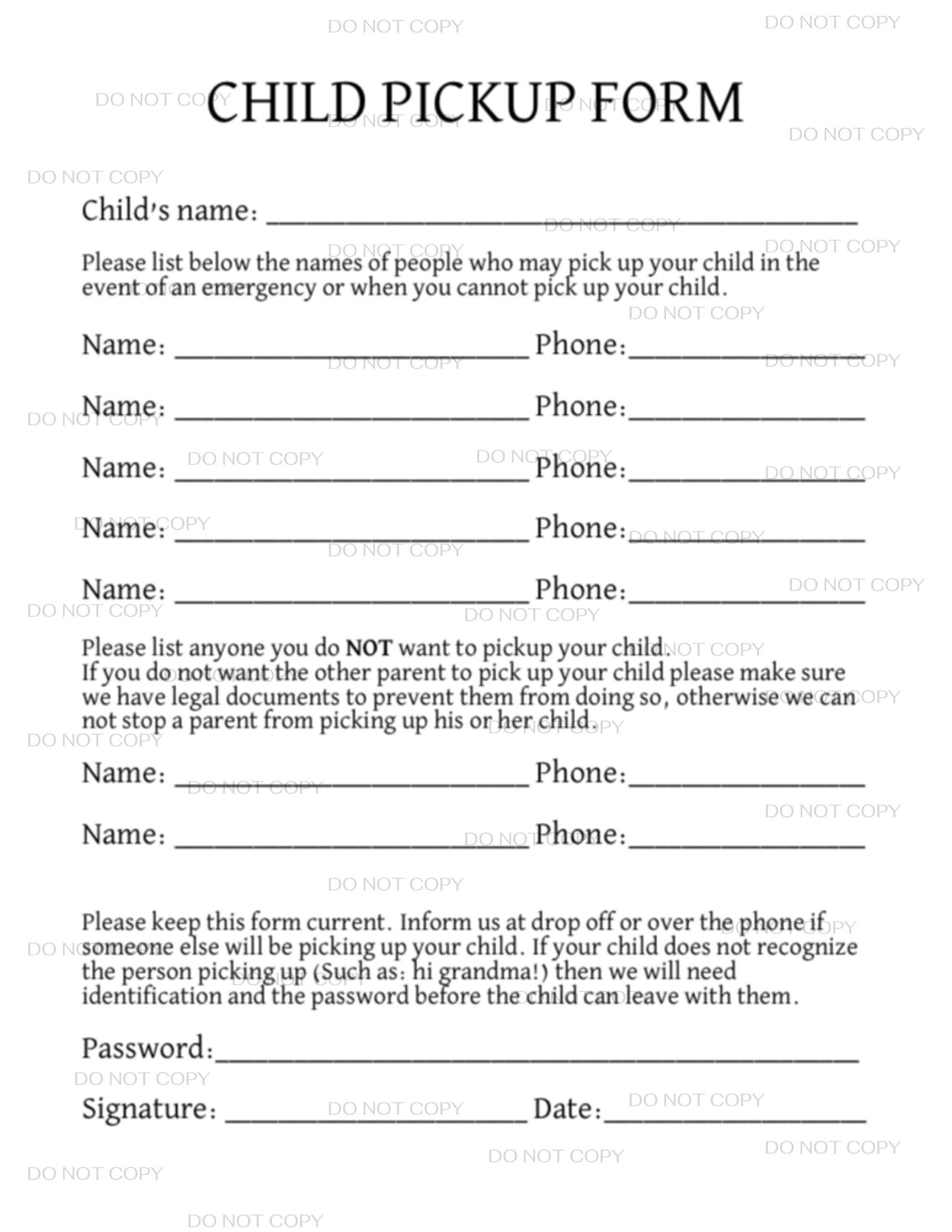 Childcare Pickup Authorization Form PDF Digital Download Etsy