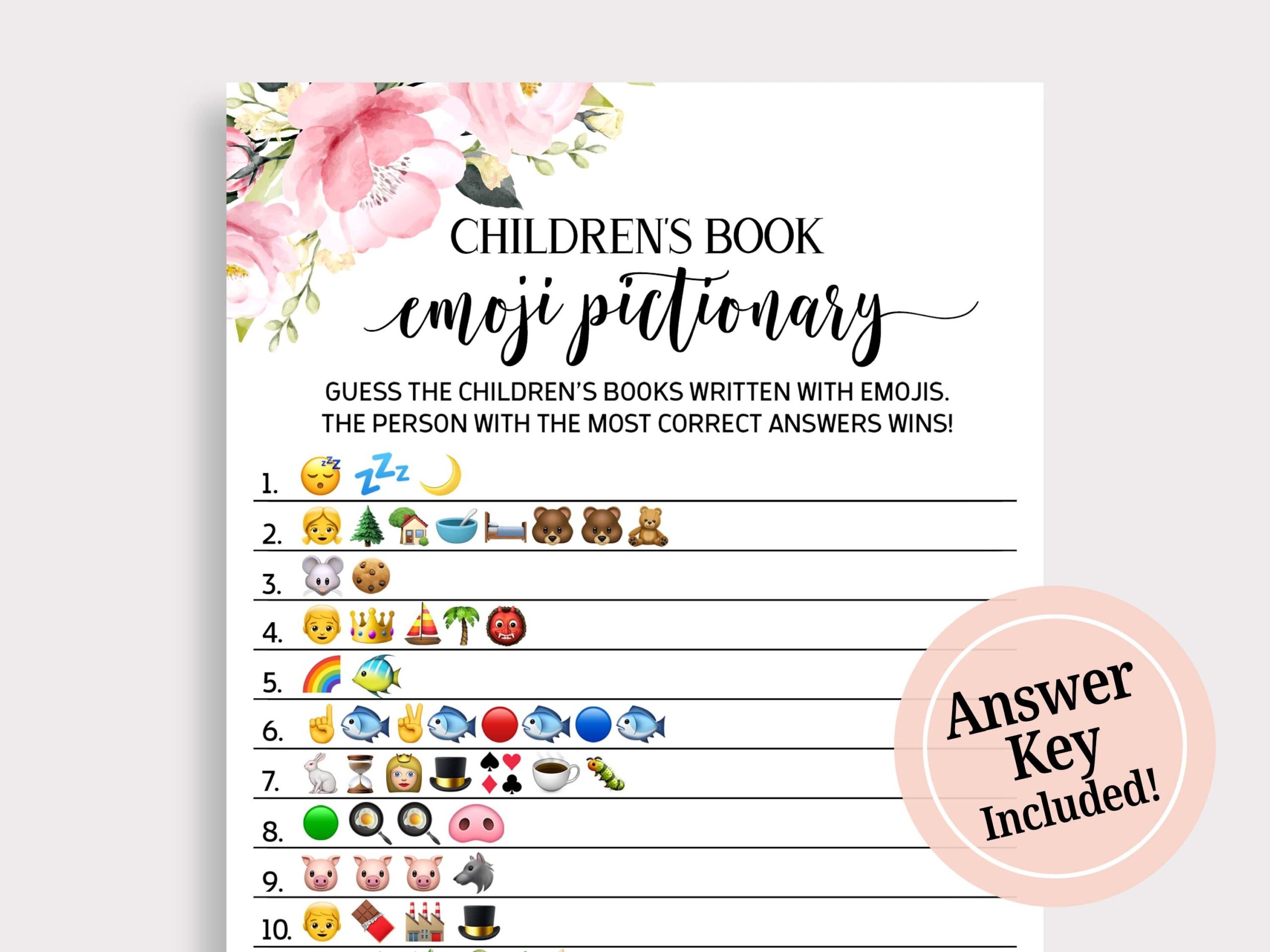 Children s Book Emoji Pictionary Childrens Book Emoji Cards Printable Pink Fun Emoji Game Floral Baby Shower Activity Digital P16 Etsy