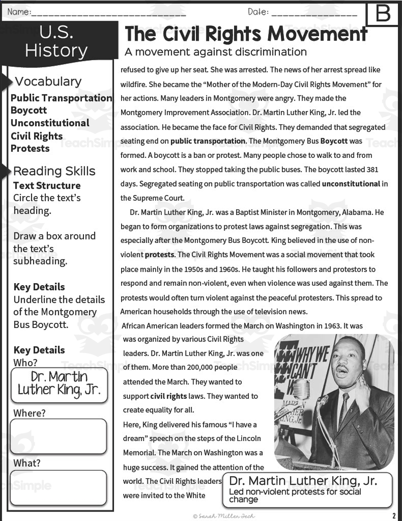 Civil Rights Movement Worksheets Printable