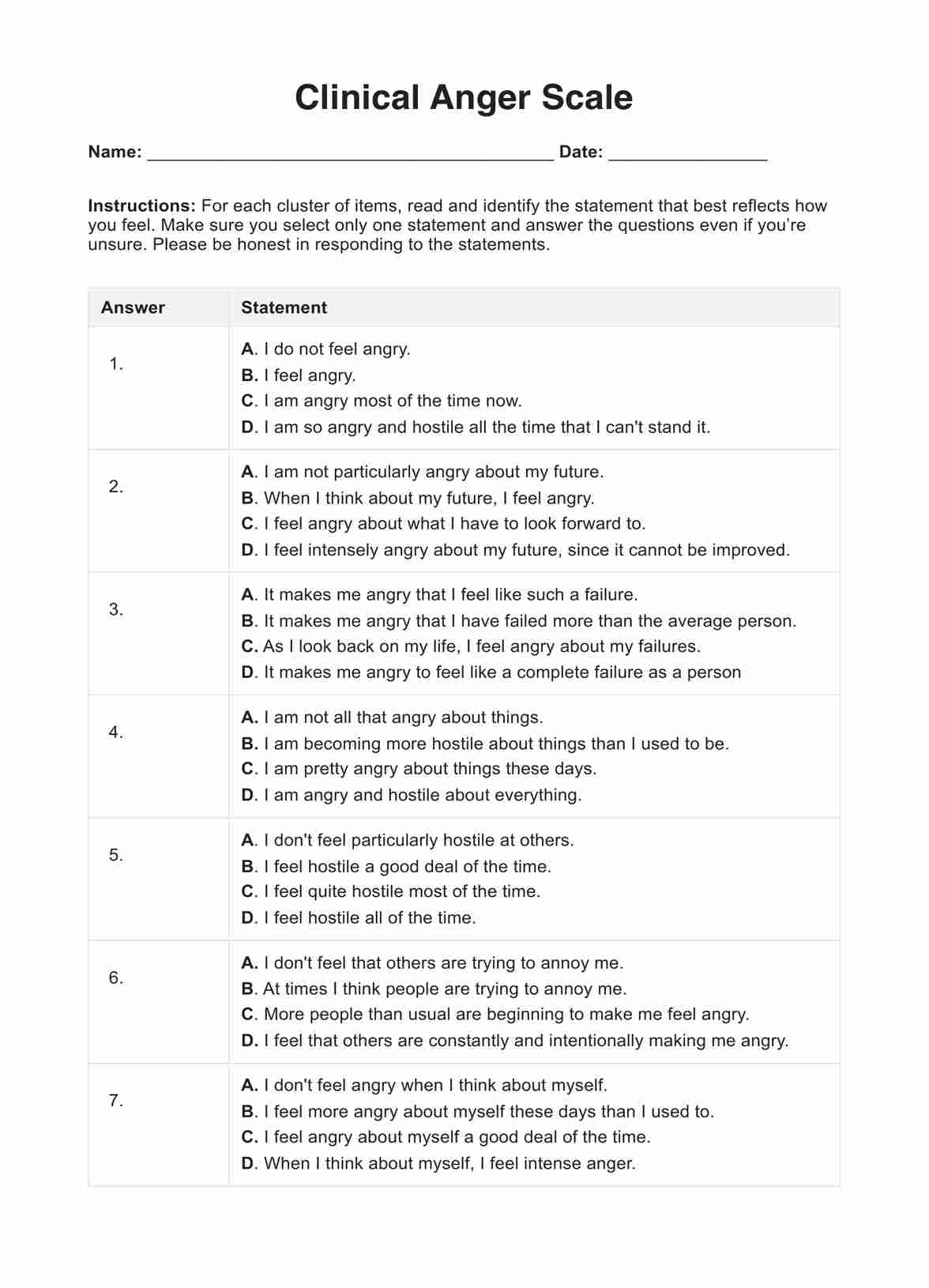 Clinical Anger Scale Example Free PDF Download