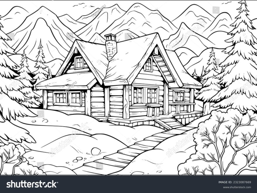 Coloring Page Adult Kids Wooden Cabin Stock Vector Royalty Free 2323087669 Shutterstock