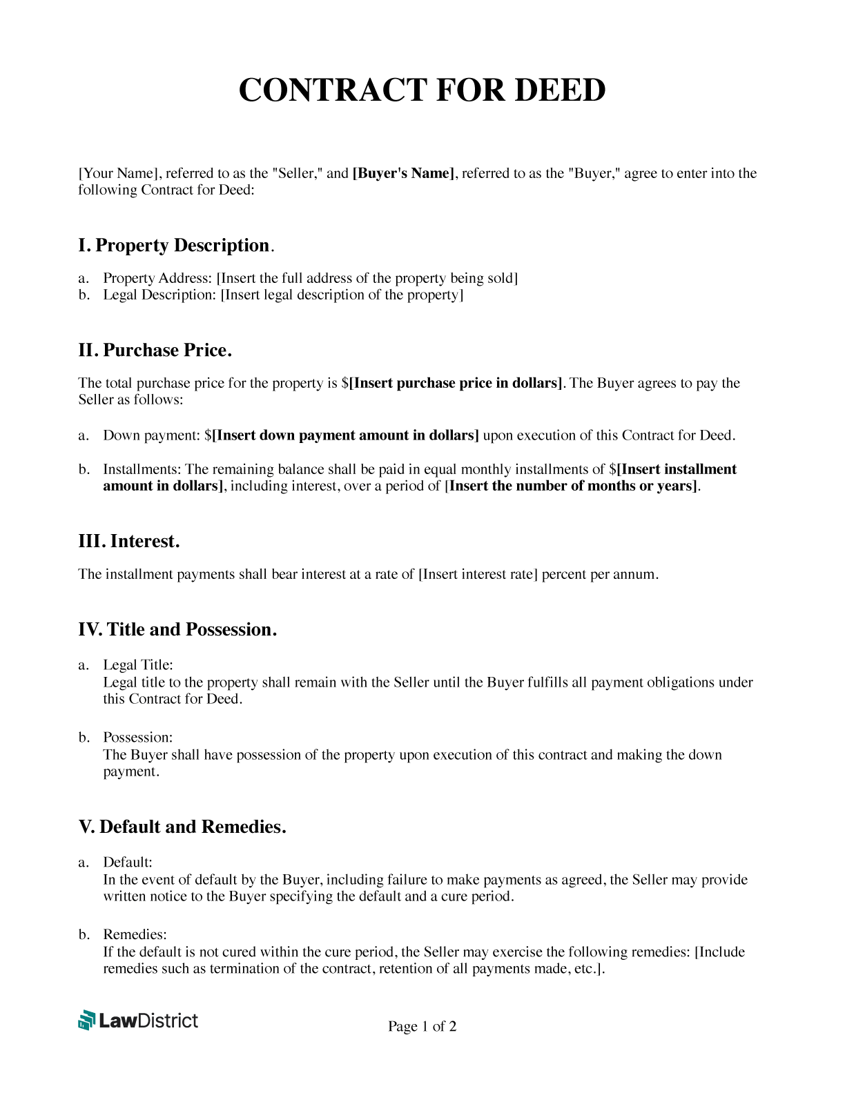 Free Printable Contract For Deed Template