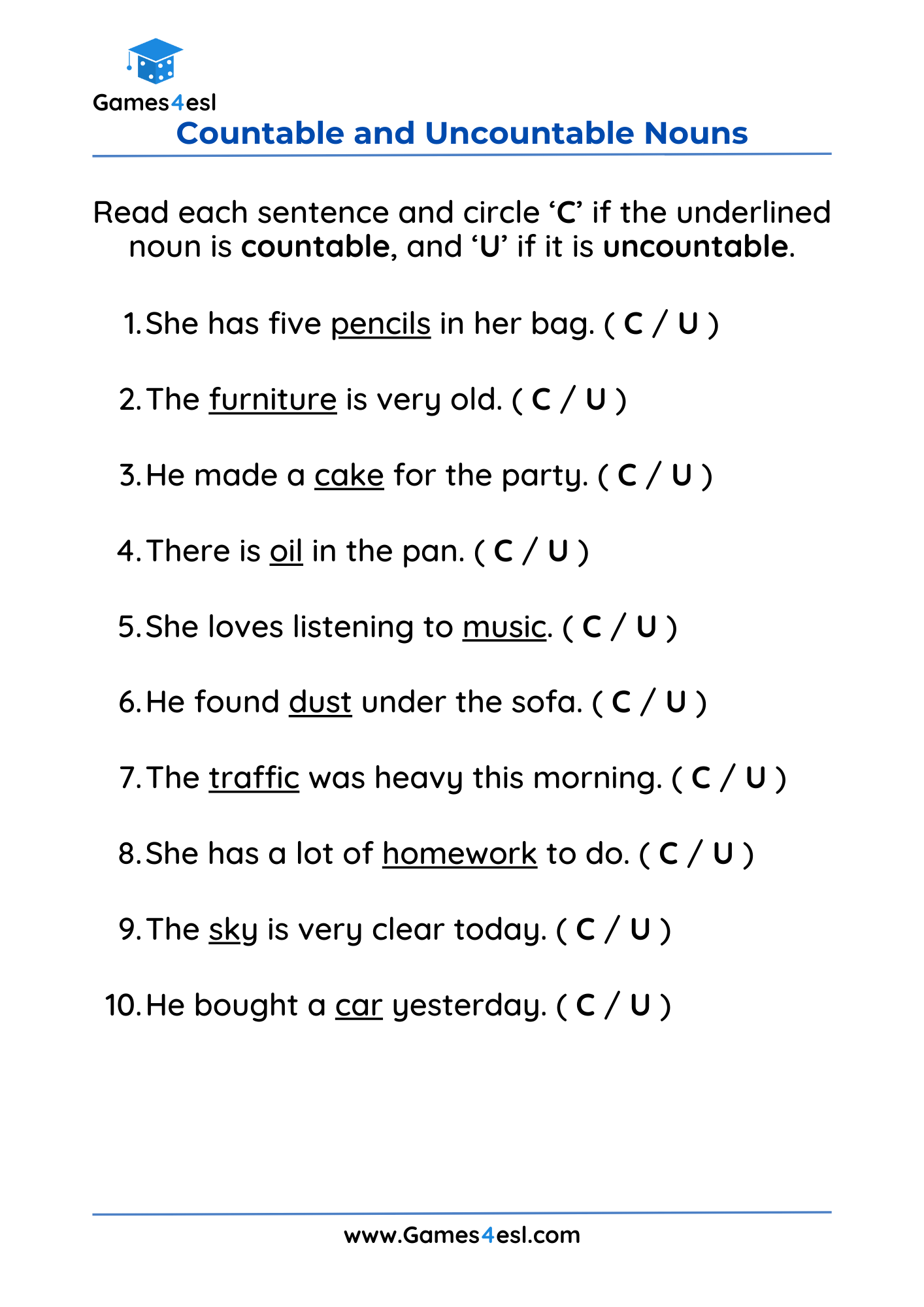 Countable And Uncountable Noun Worksheets For Grade 3 Games4esl