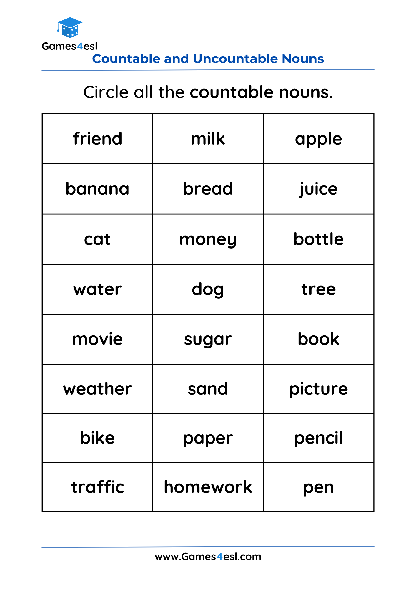 Printable Count And Noncount Nouns Quiz