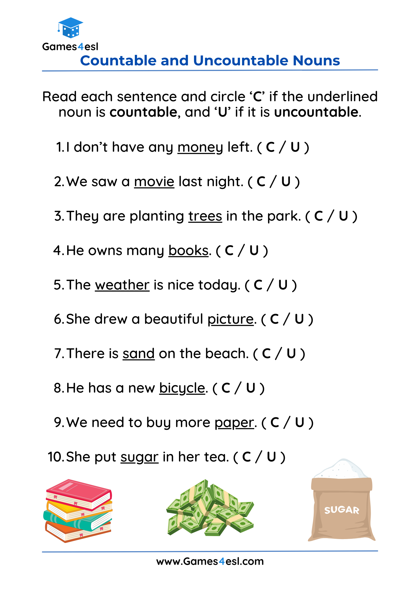 Countable And Uncountable Noun Worksheets For Grade 3 Games4esl