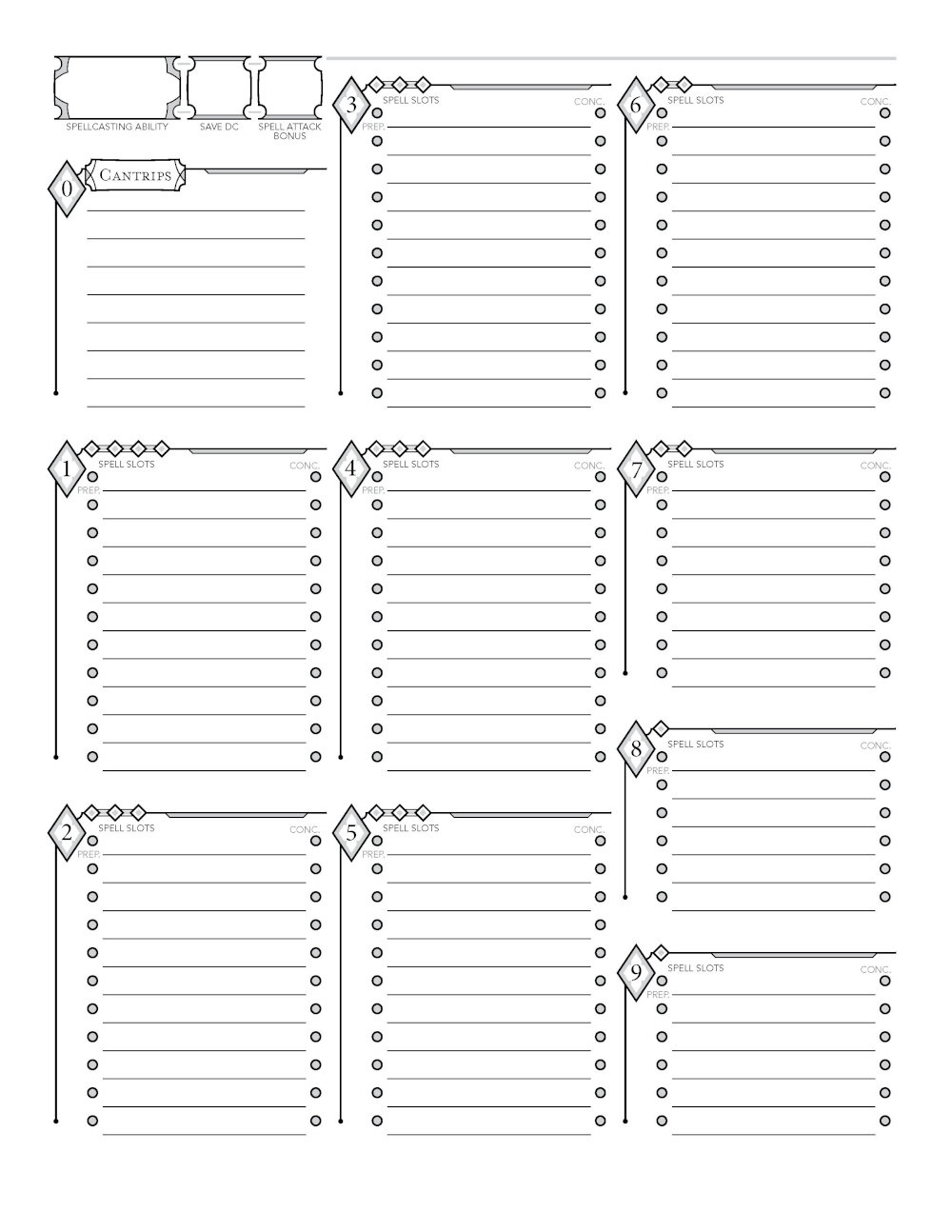 Spell Caster Sheet 5E Printable