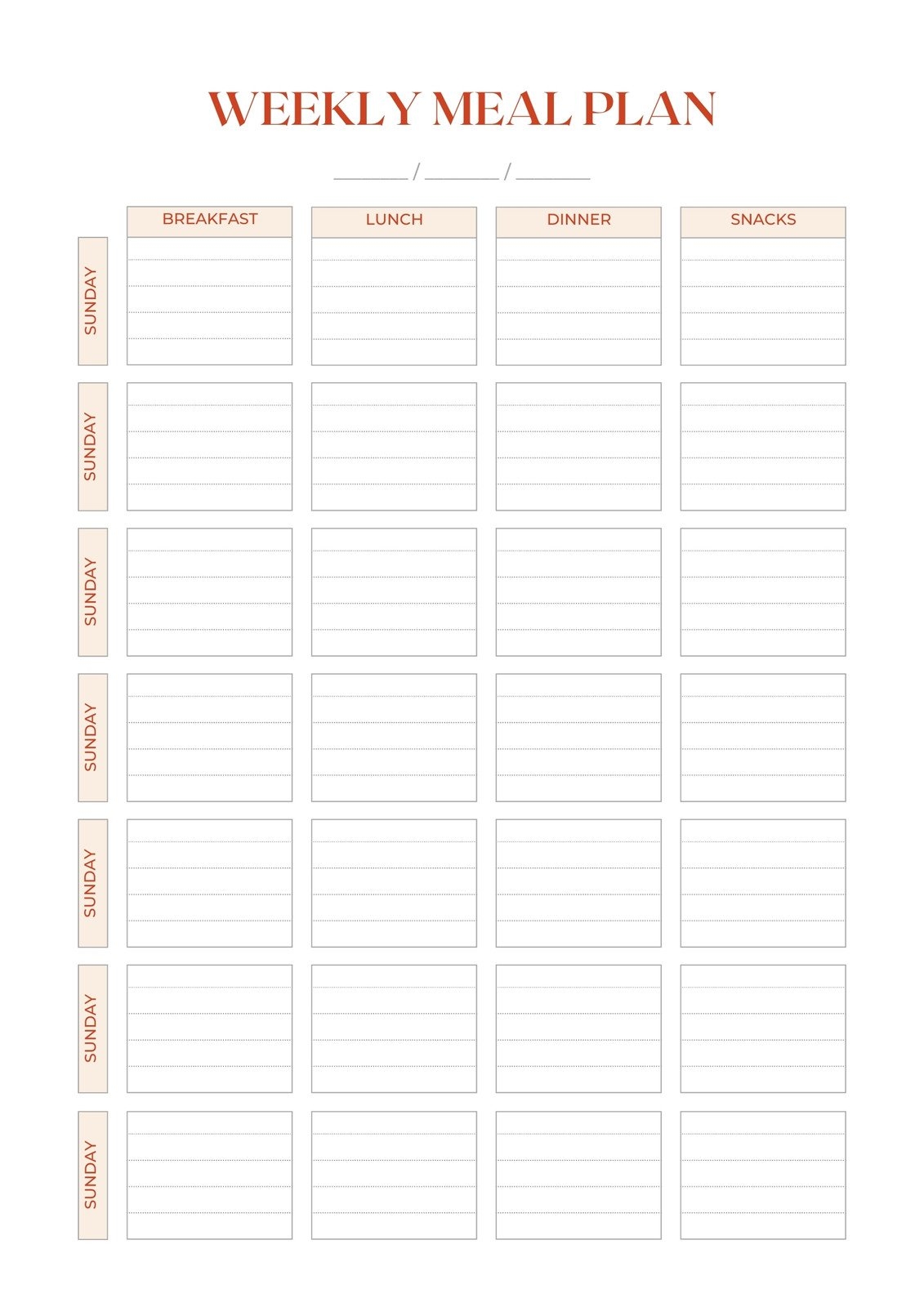 Blank Weekly Menu Template Printable
