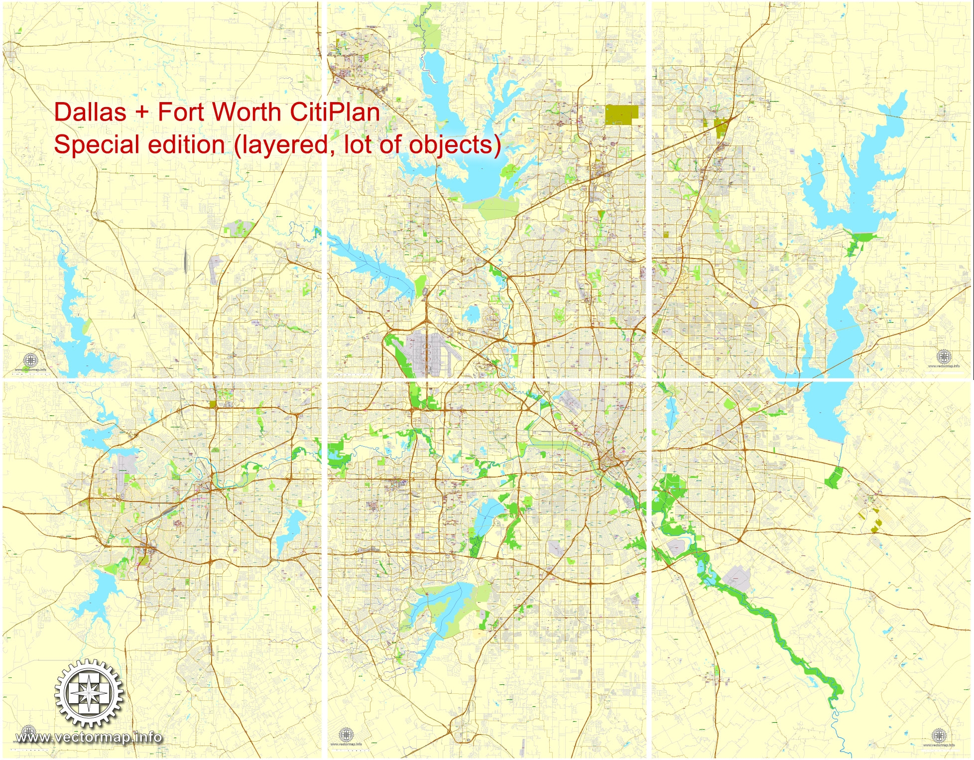 Dallas Fort Worth Texas US Printable Map Exact Vector Street City Plan Map In 6 Parts V 29 11 Fully Editable Adobe Illustrator
