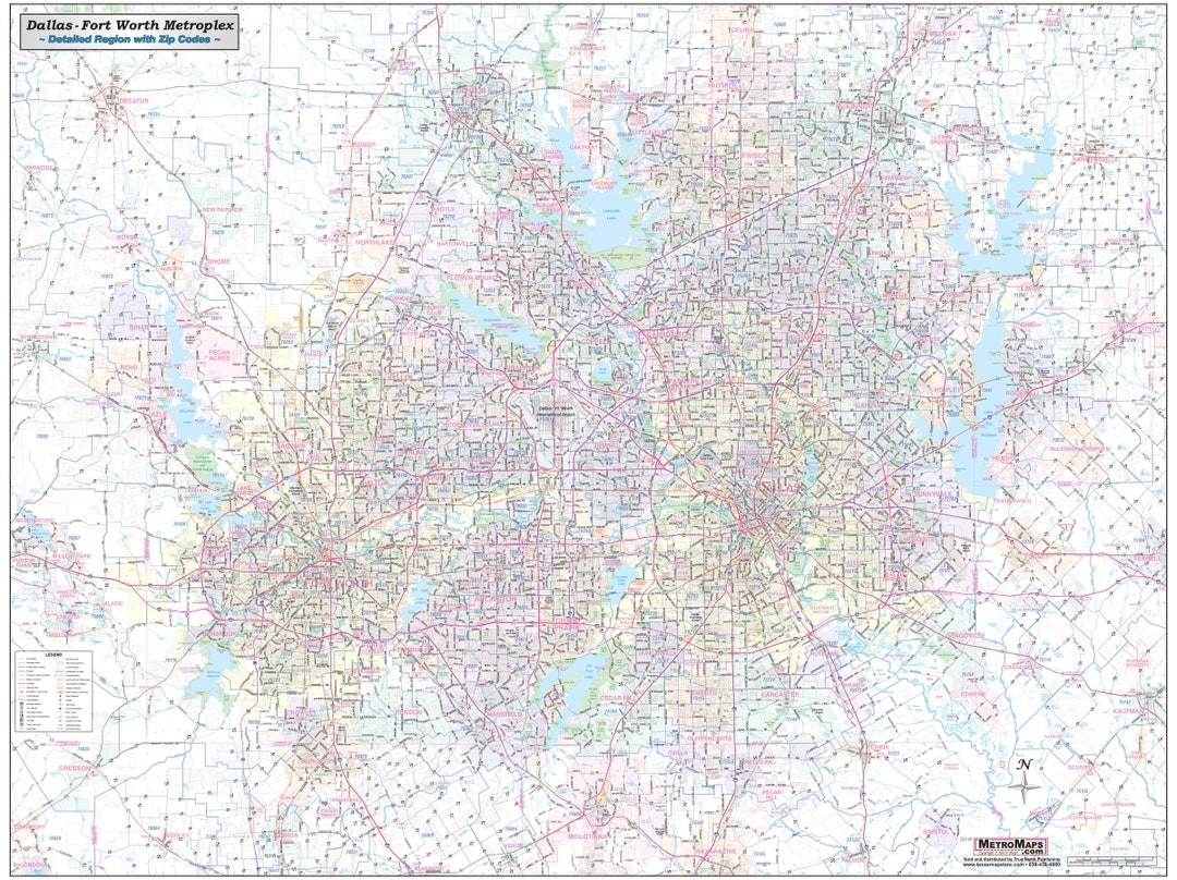 Dallas ft Worth Metroplex Detailed Region Wall Map 44 x58 W zip Codes Etsy