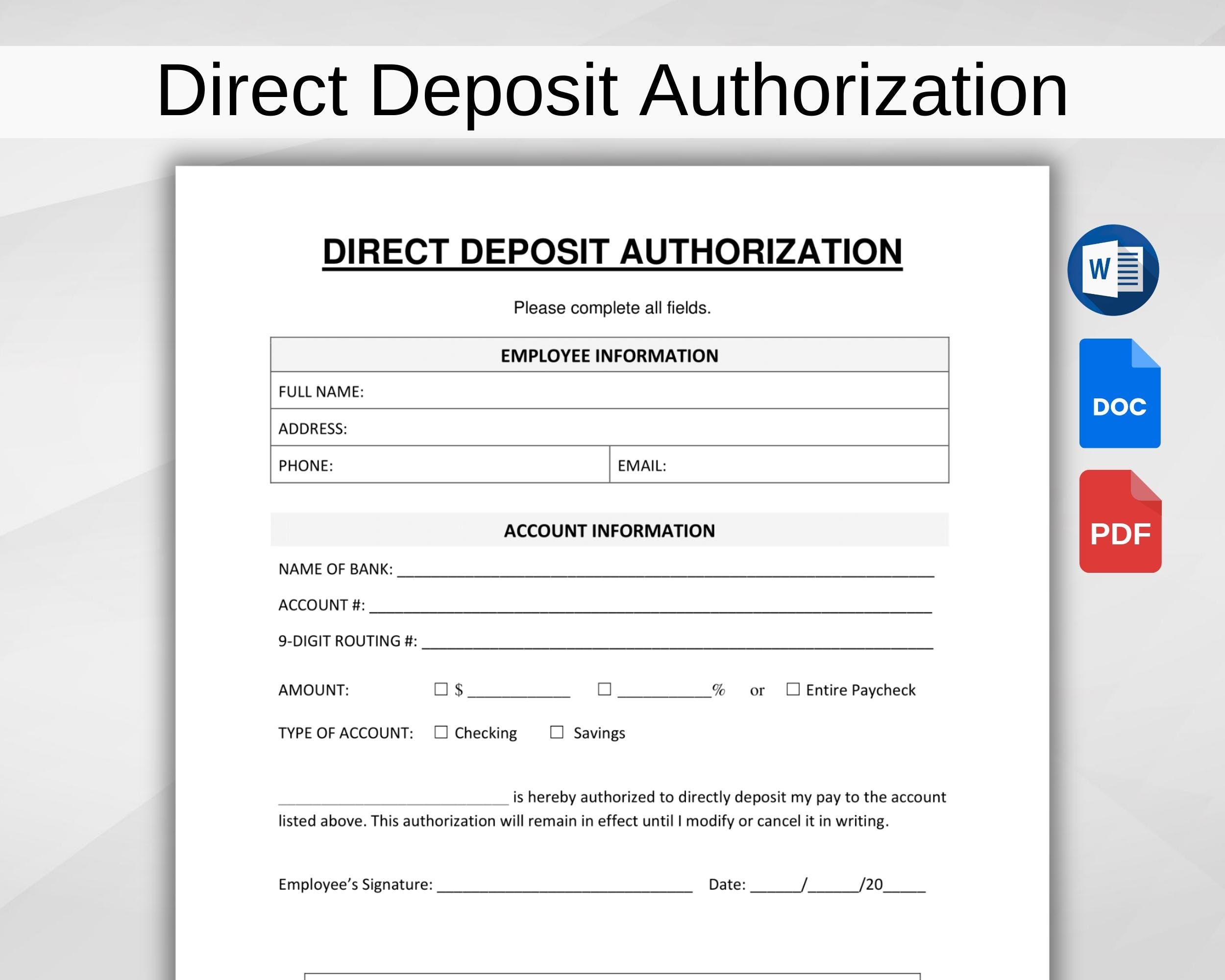 Direct Deposit Authorization Printable Employee Direct Deposit Form HR Template Editable Word google Docs pdf Instant Download Etsy