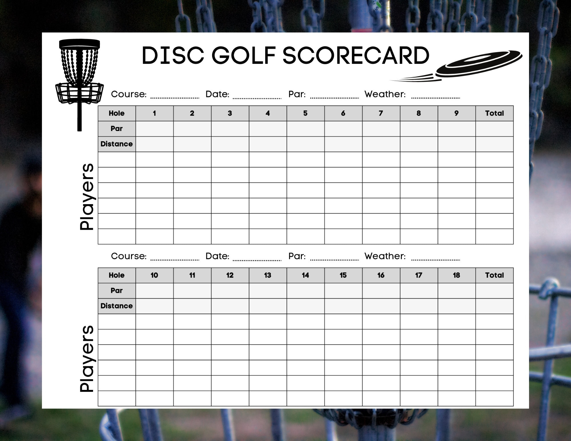 Disc Golf Scorecard Frisbee Golf Score Sheet Printable PDF Instant Digital Download Etsy