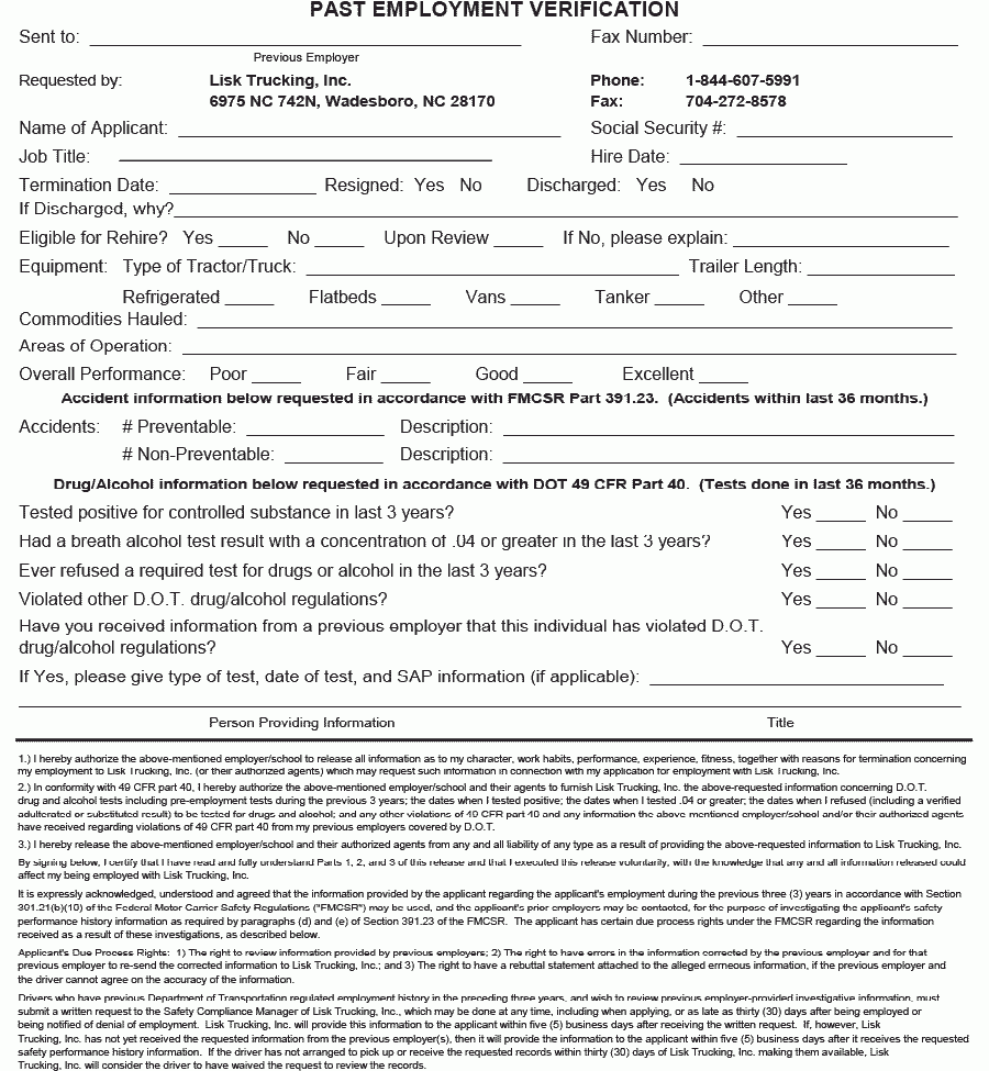 Dot Employment Verification Form