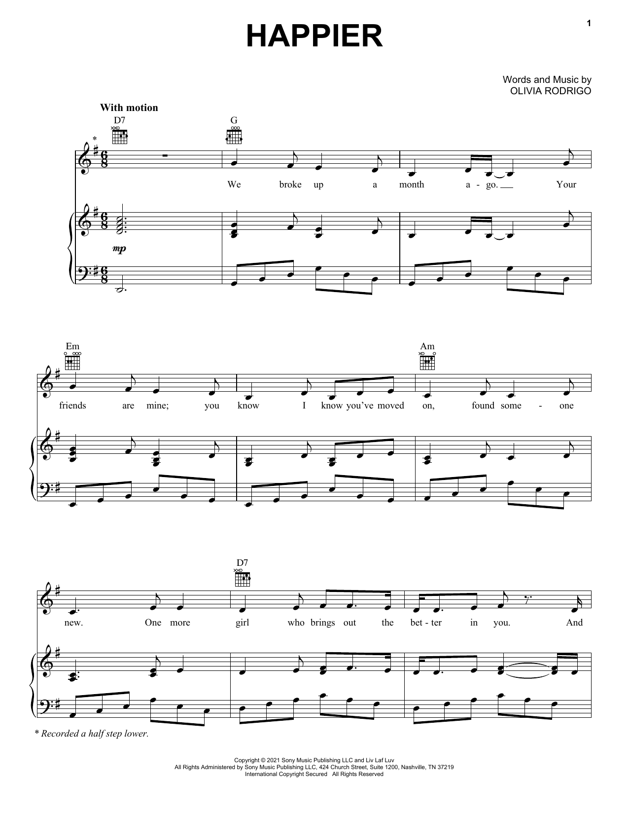 Download Olivia Rodrigo happier Sheet Music For Easy Piano Chords Lyrics PDF 493618