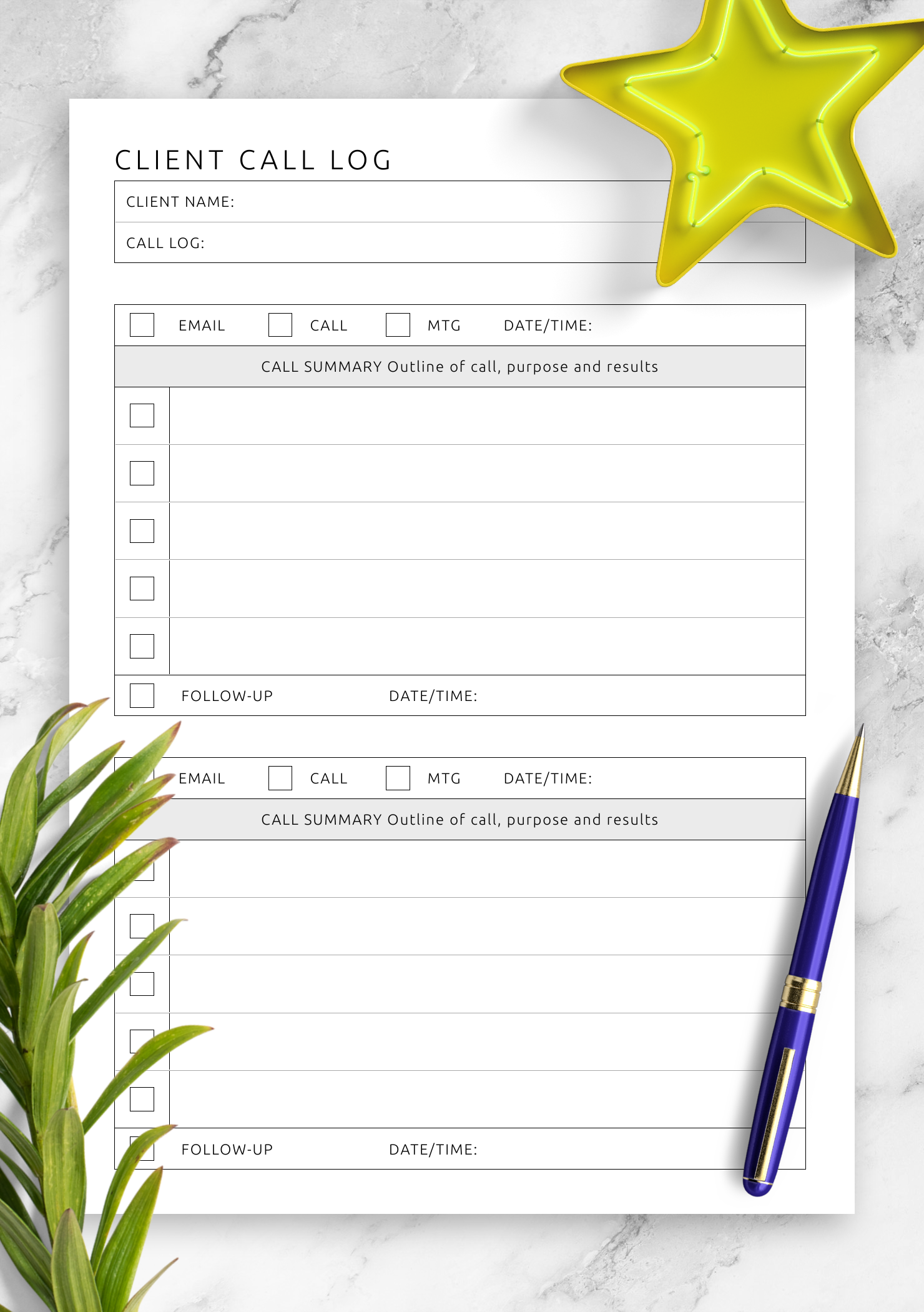 Download Printable Client Call Log Template PDF