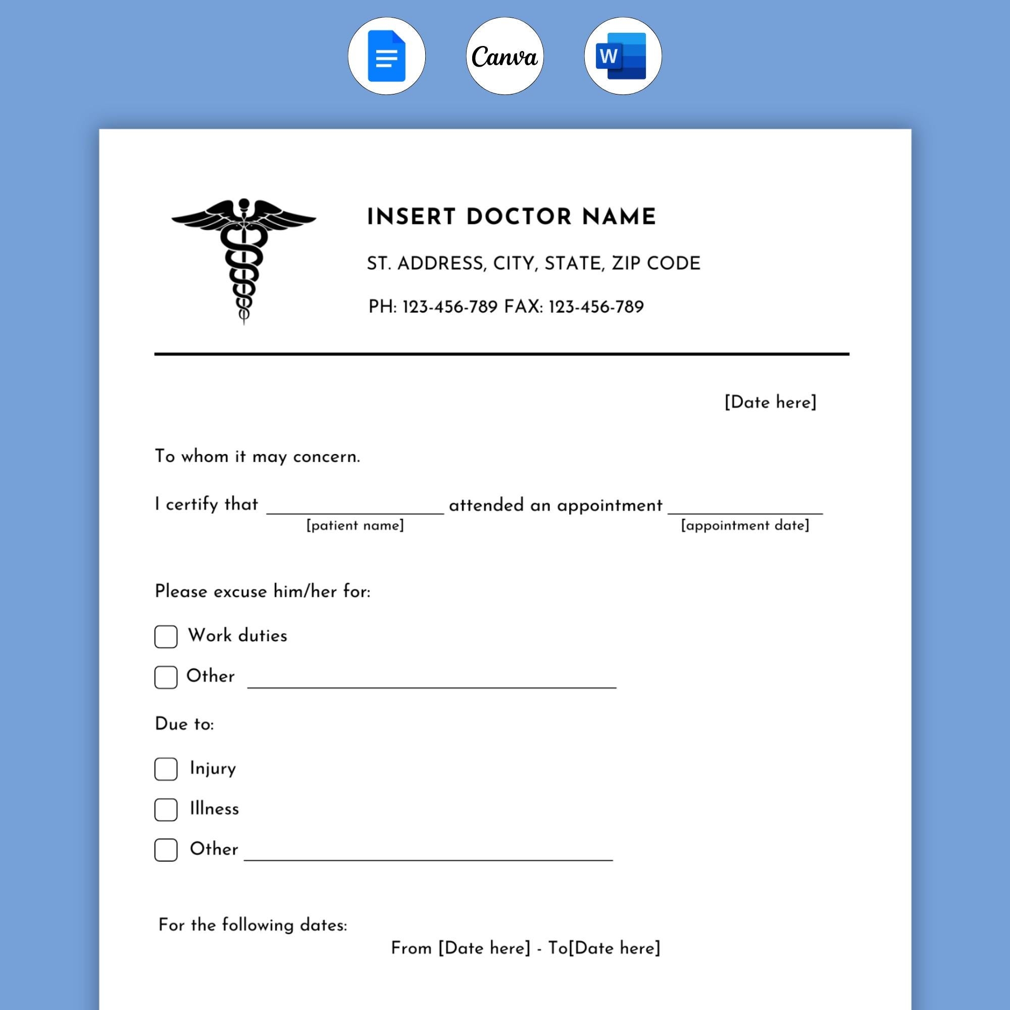 Editable Doctor Excuse Note For Work Printable Doctors Note Template Doctor Excuse Letter Form School Excuse Note Drs Note PDF Word Etsy