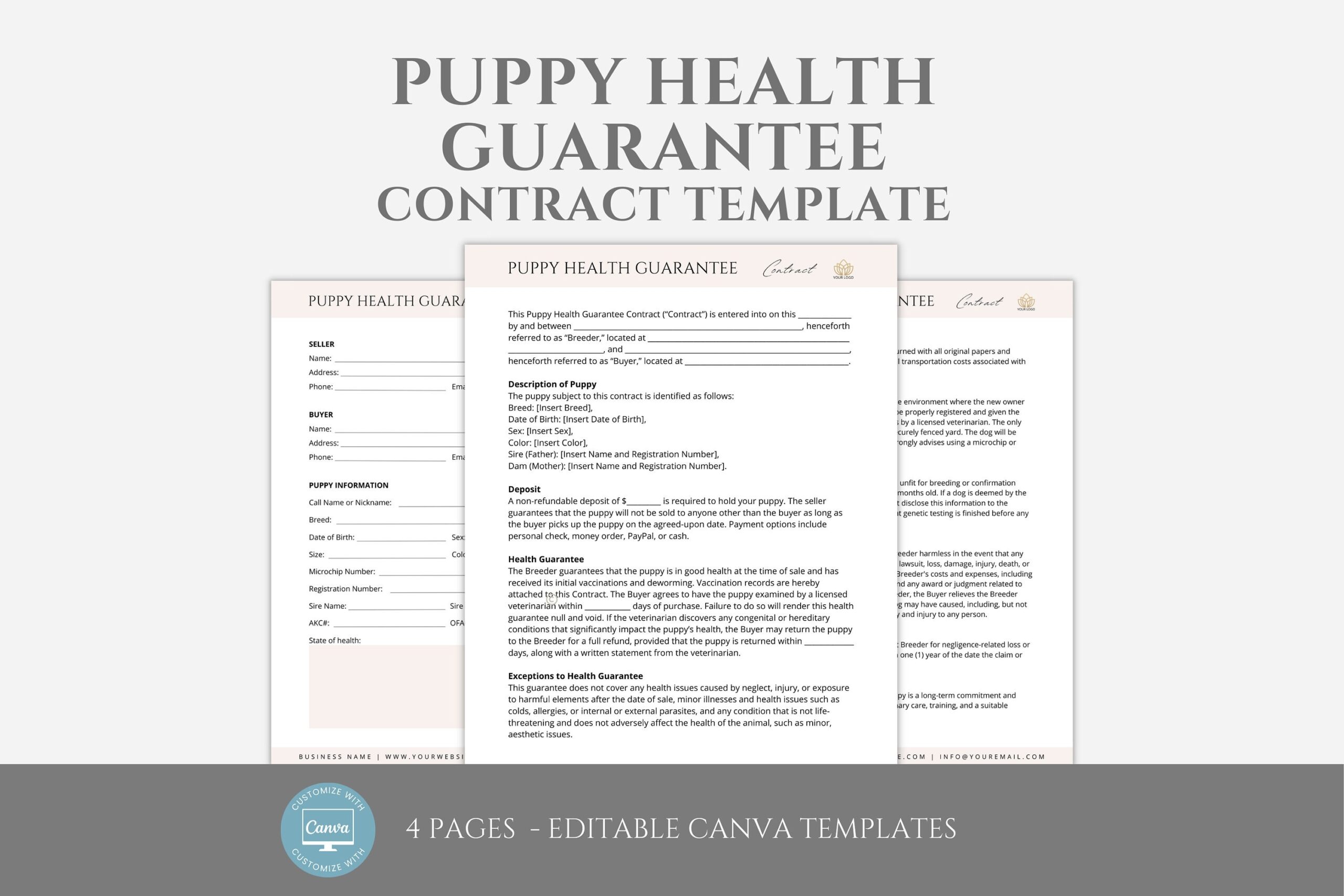 Editable Puppy Health Guarantee Contract Template Puppy Adoption Agreement Dog Breeder Contract Forms Puppy Contract Of Sale Canva Etsy