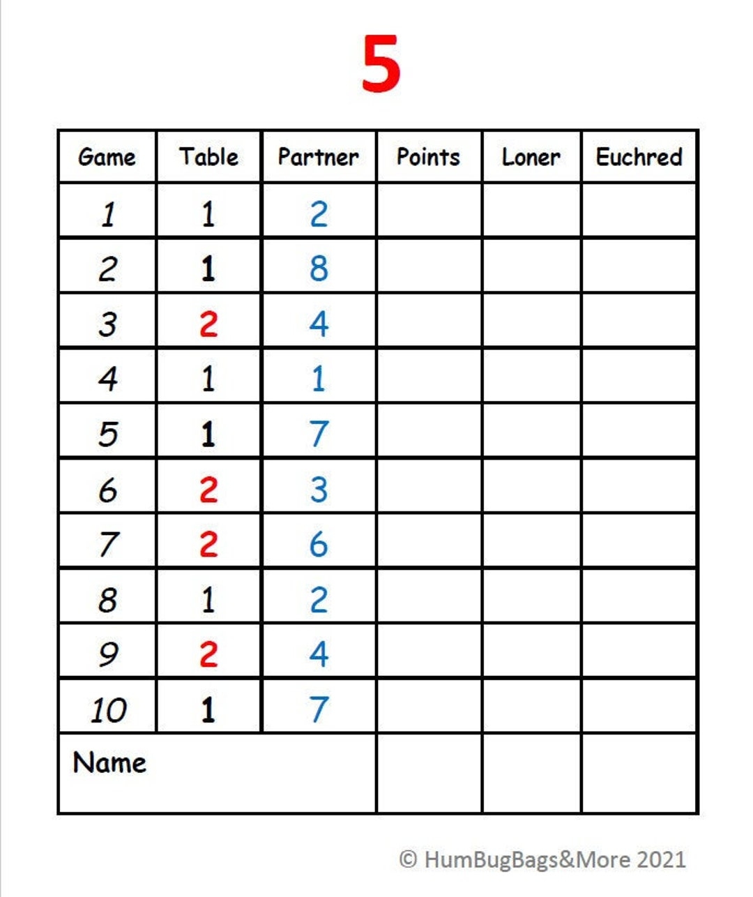 Printable Euchre Tally Cards For 8 Players