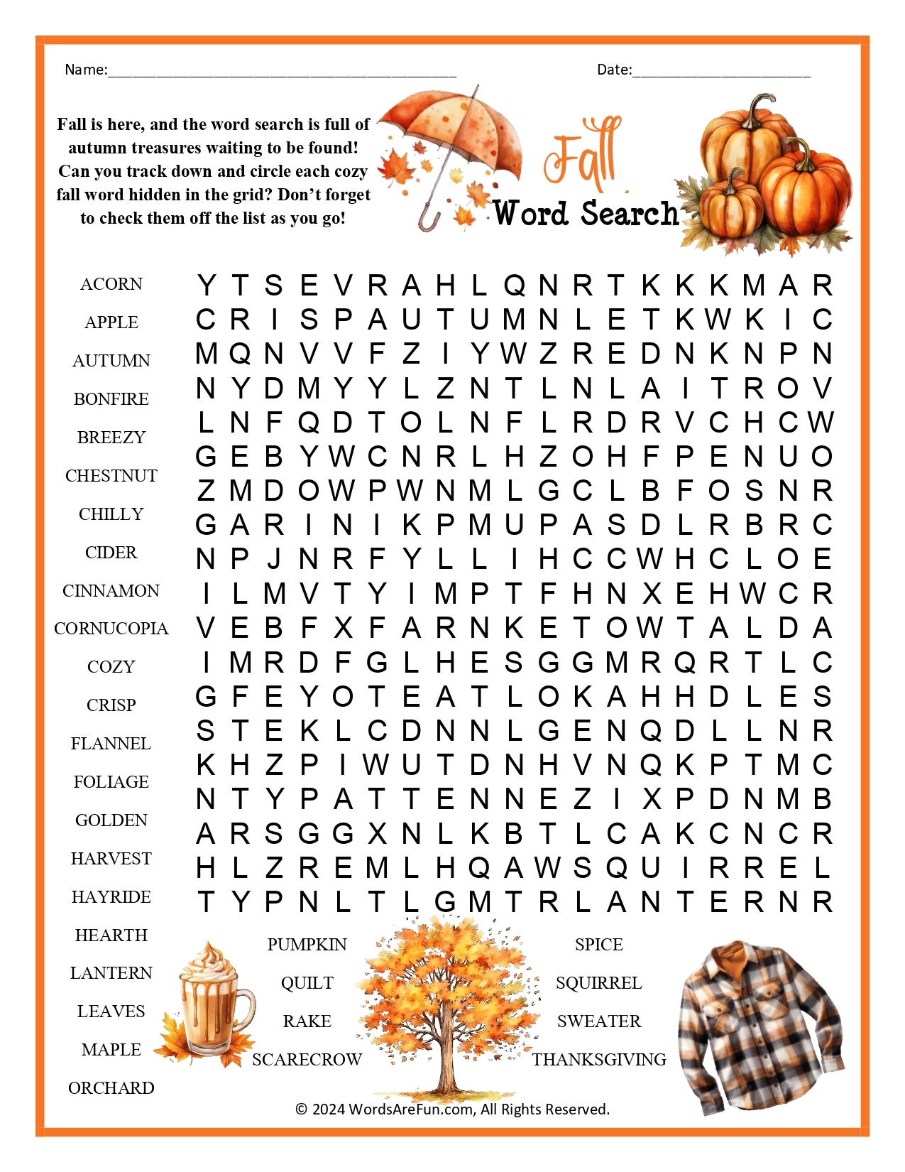 Fall Word Search For Adults