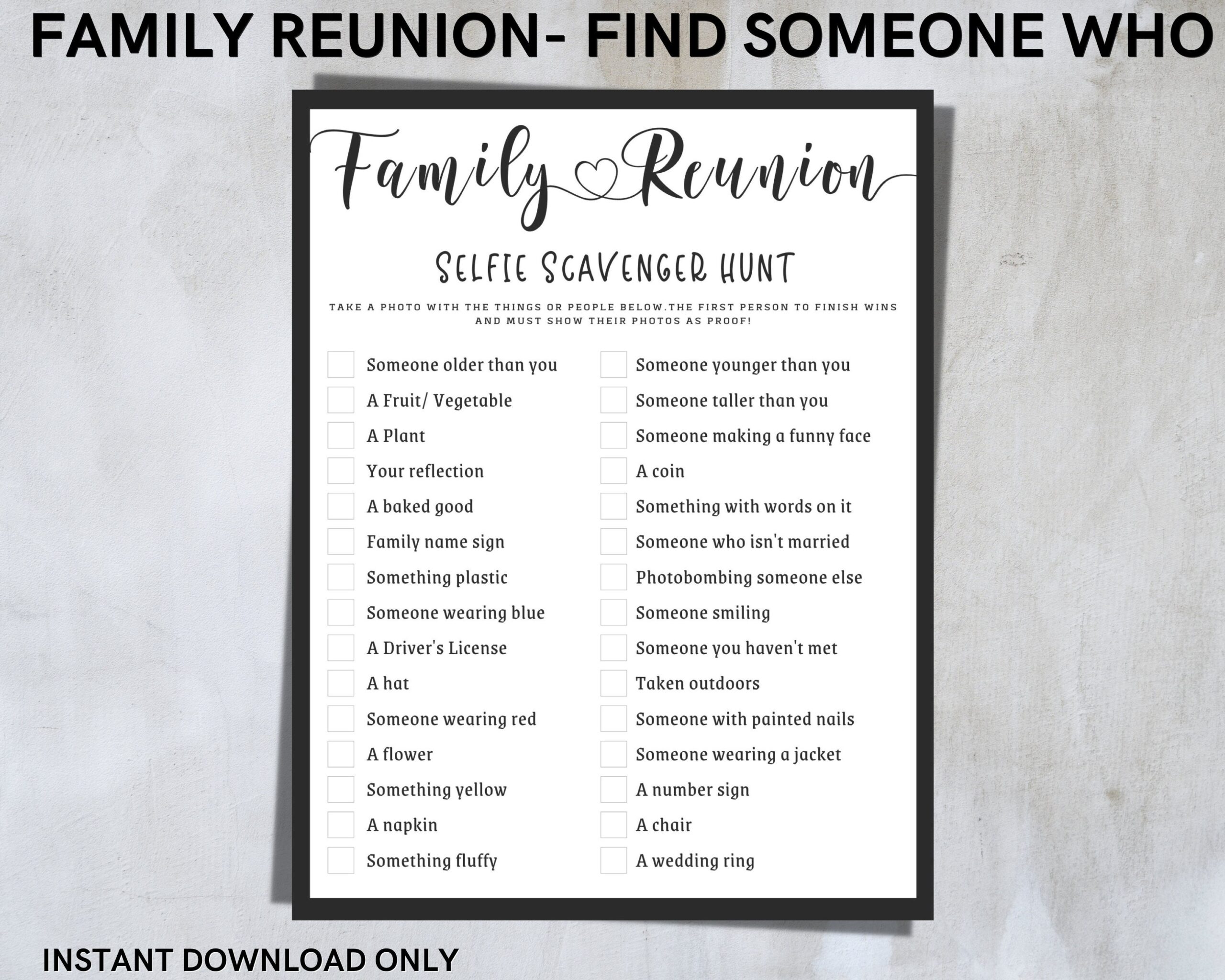 Family Reunion Selfie Scavenger Hunt Game For Fun Activity use For Family Gathering Or Get Together A4 Size Printable INSTANT DOWNLOAD Etsy