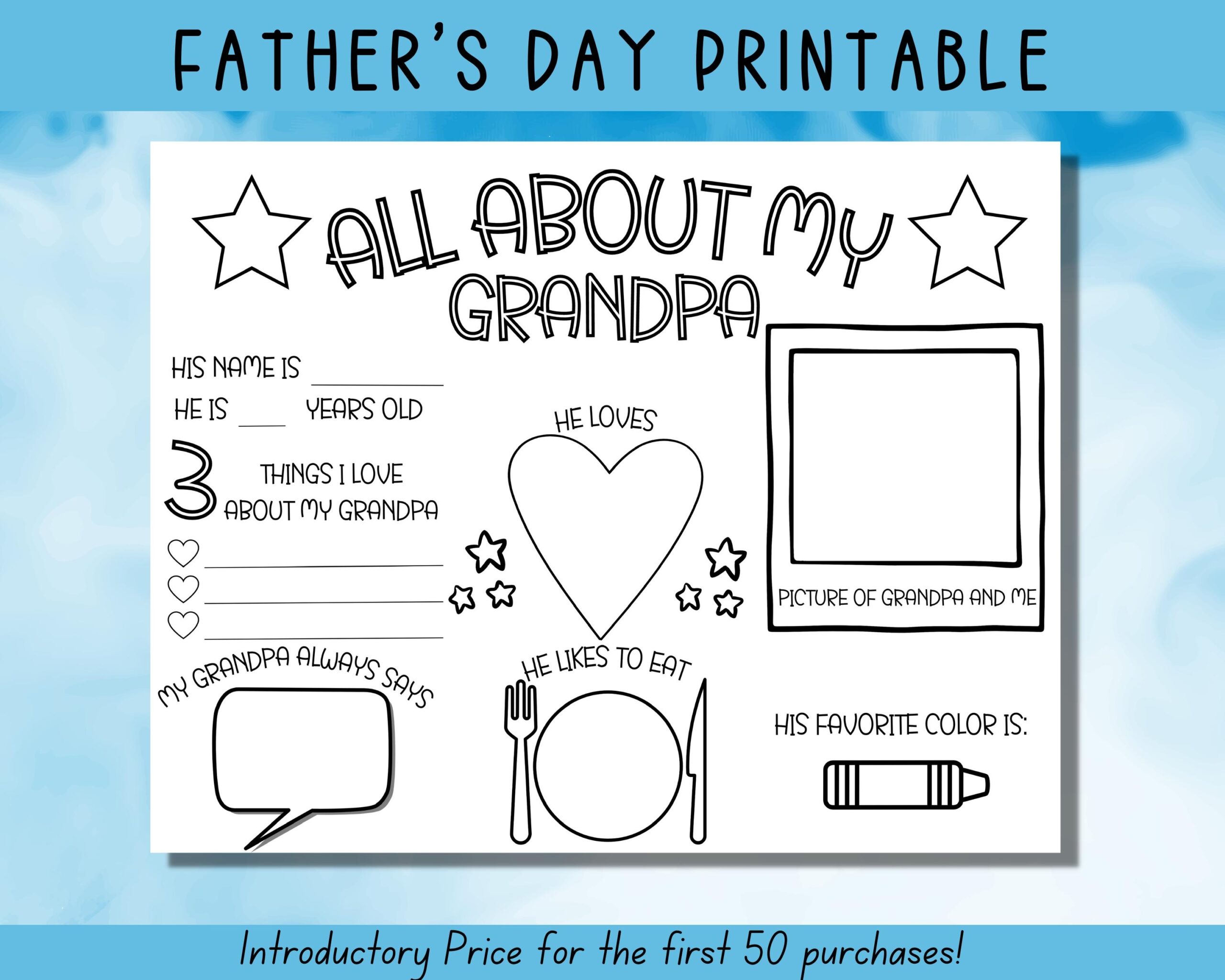 Father s Day Printable All About My Grandpa Fathers Day Gift Card For Dad Activity Page Fathers Day Coloring In Fathers Day Activity Etsy
