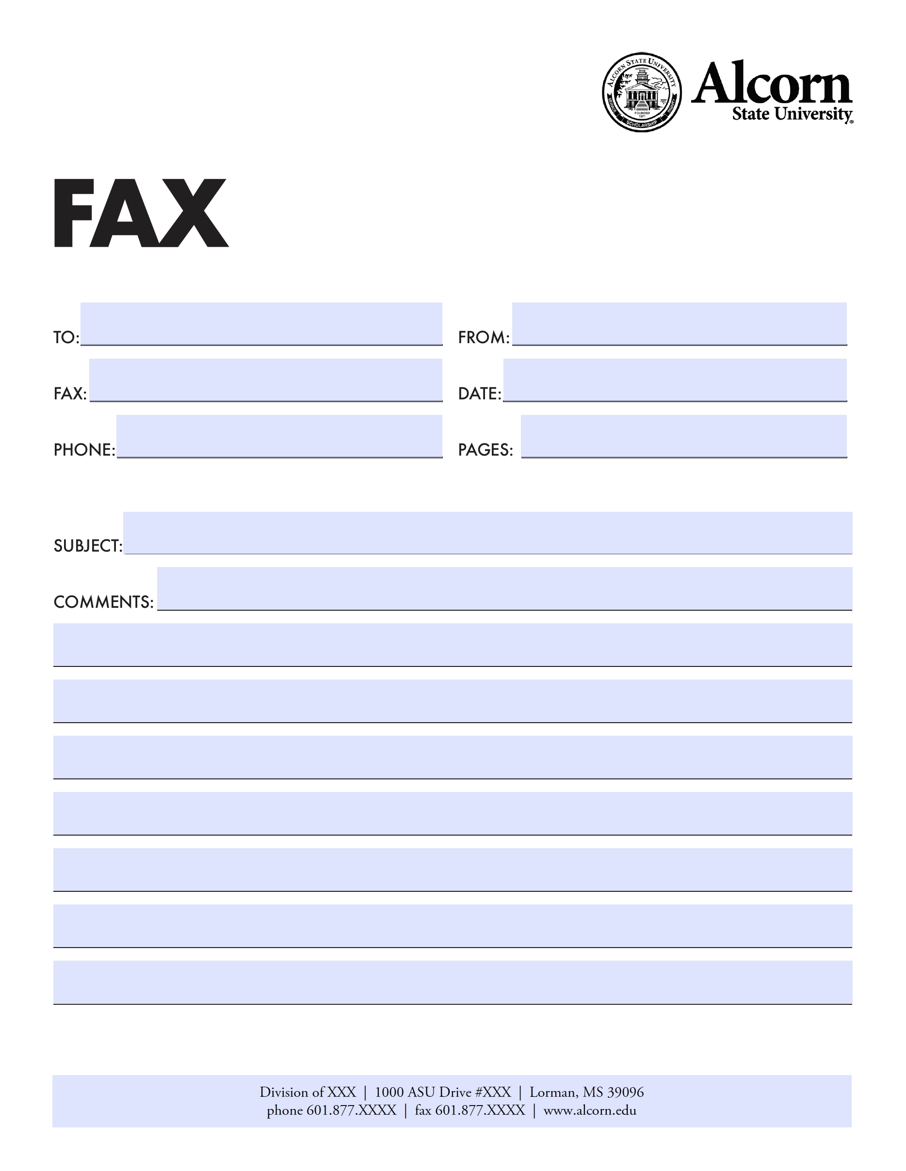 Fax Cover Sheet Template Alcorn State University