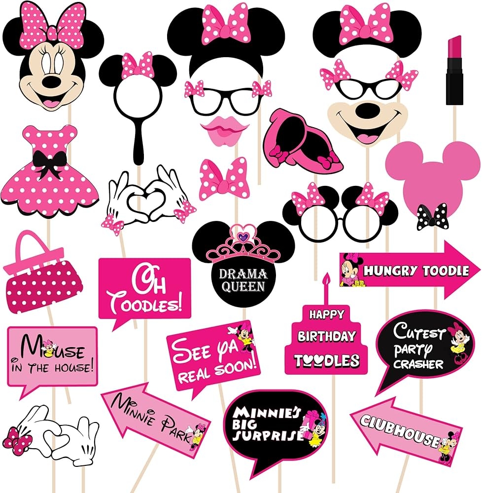 Festiko Minnie Mouse Theme Photobooth Props 27 Pcs For Kids Birthday Decorations Boys Girls Amazon ae Arts Crafts