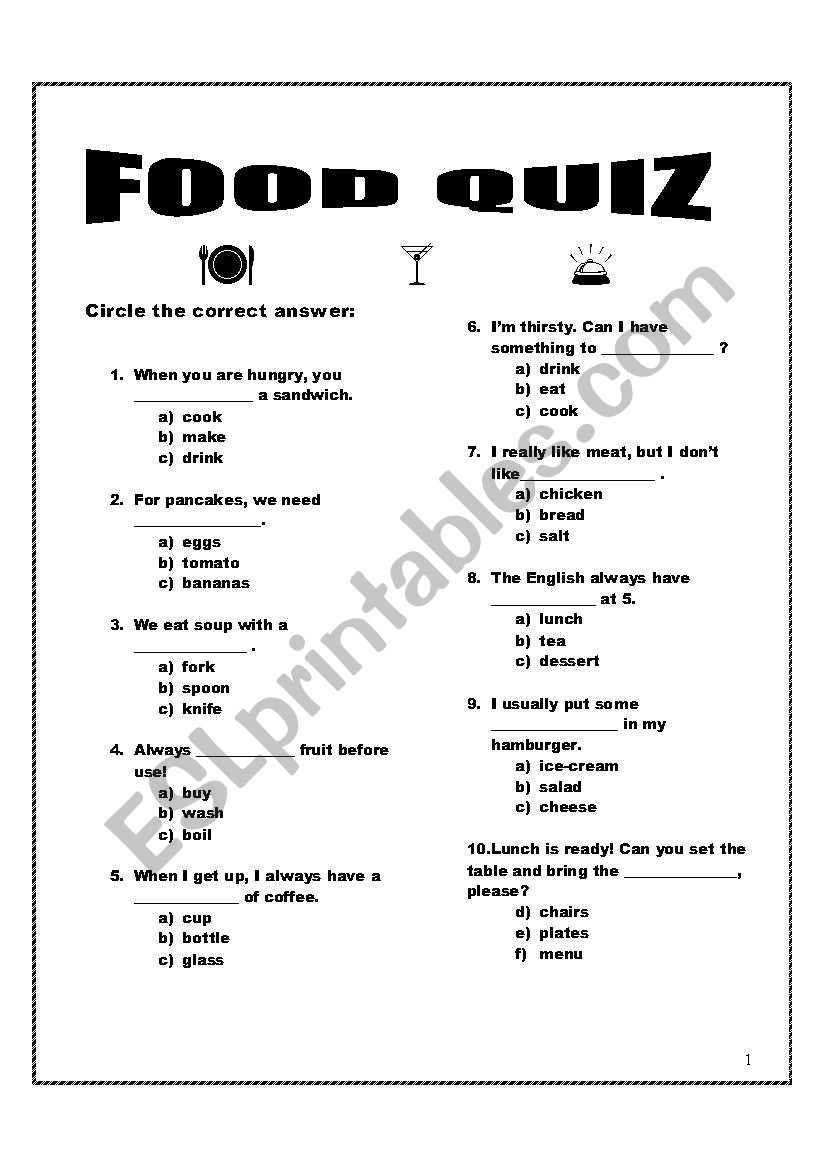 Food Quiz ESL Worksheet By Krsmanovici