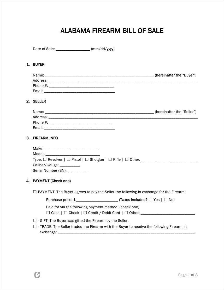 Free Alabama Firearm Bill Of Sale Form PDF WORD RTF