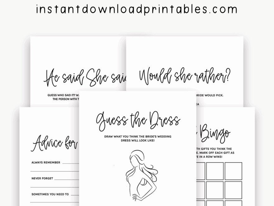 Free Bridal Shower Games And Keepsakes Printables Black And White Instant Download Printables