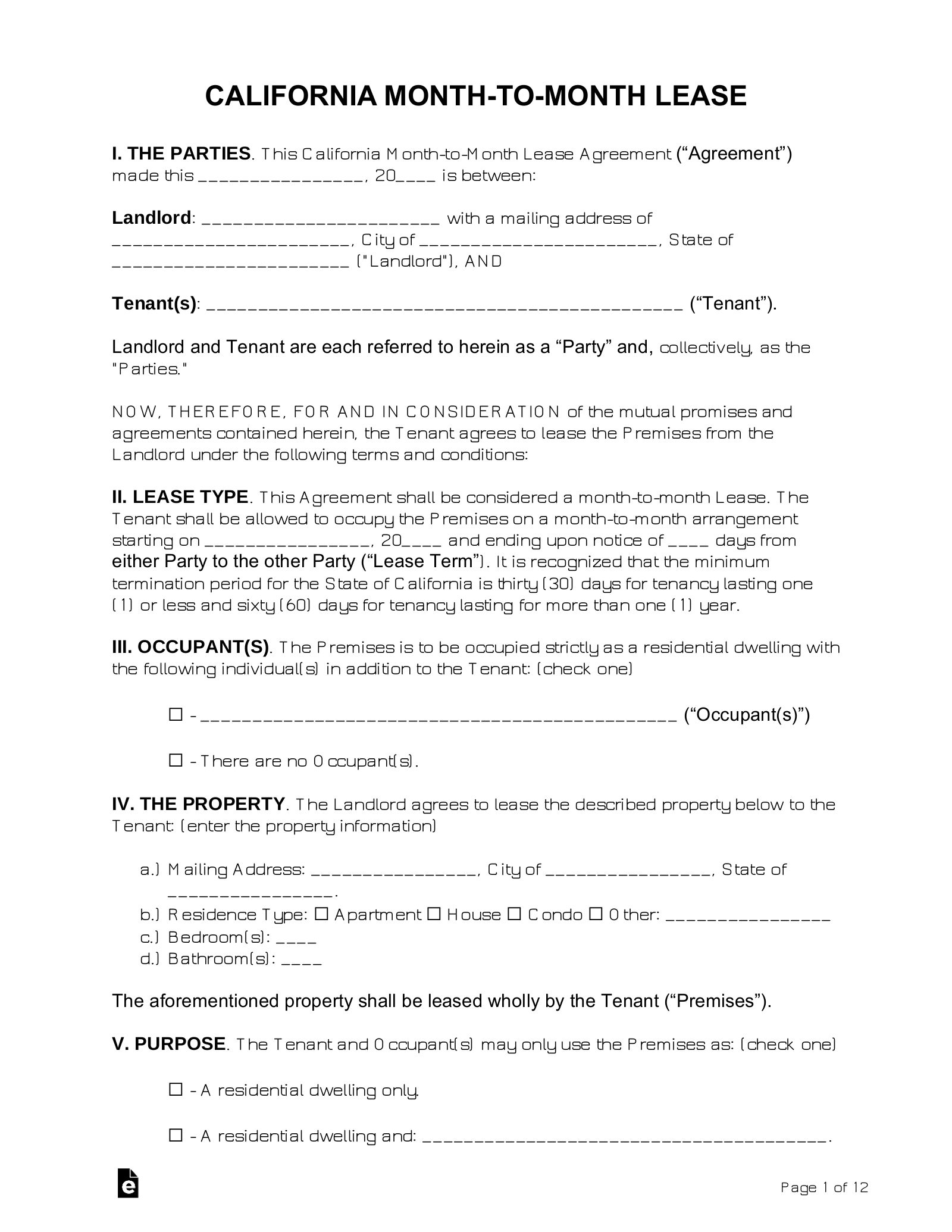 Free California Month to Month Lease Agreement Template PDF Word EForms