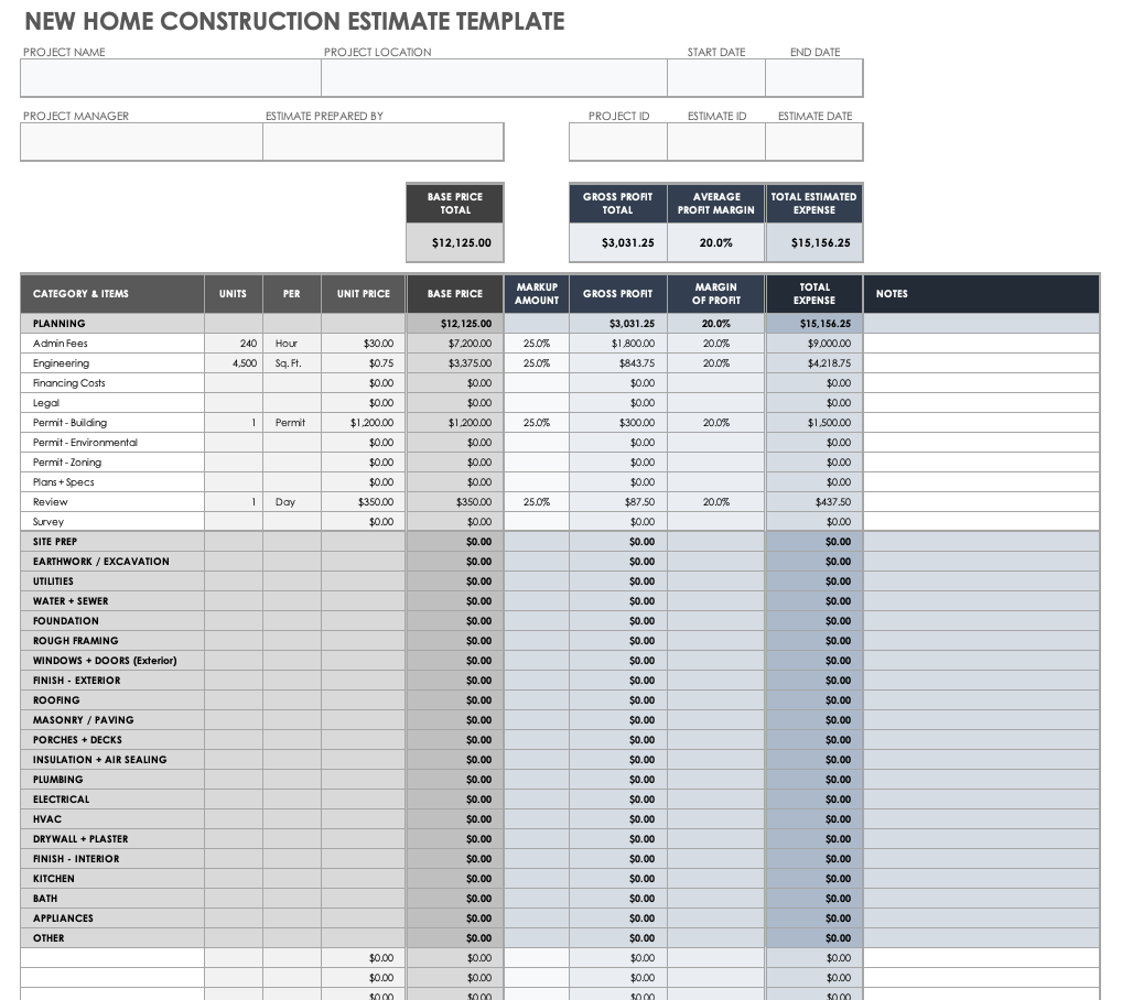 Residential Construction Estimating Quick Card Printable