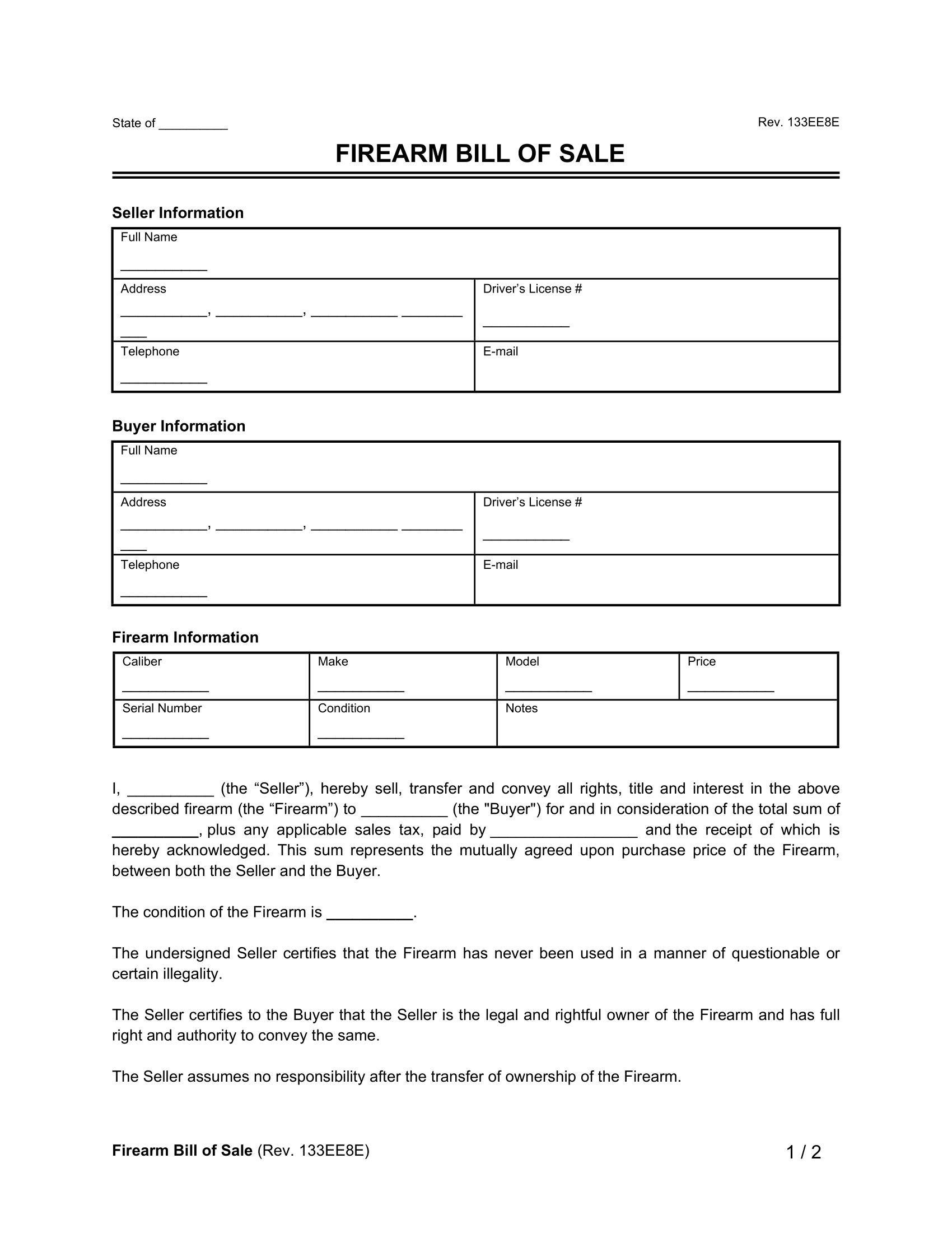 Printable Bill Of Sale For Gun