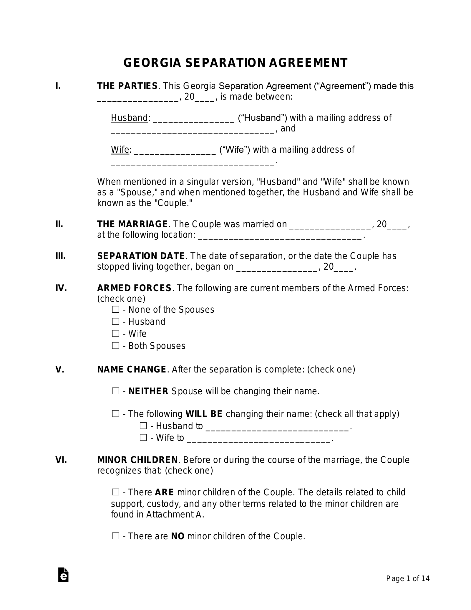 Free Georgia Separation Agreement Template PDF Word EForms