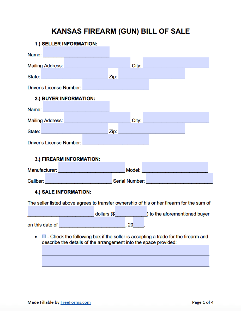 Free Kansas Firearm Gun Bill Of Sale Form PDF Word