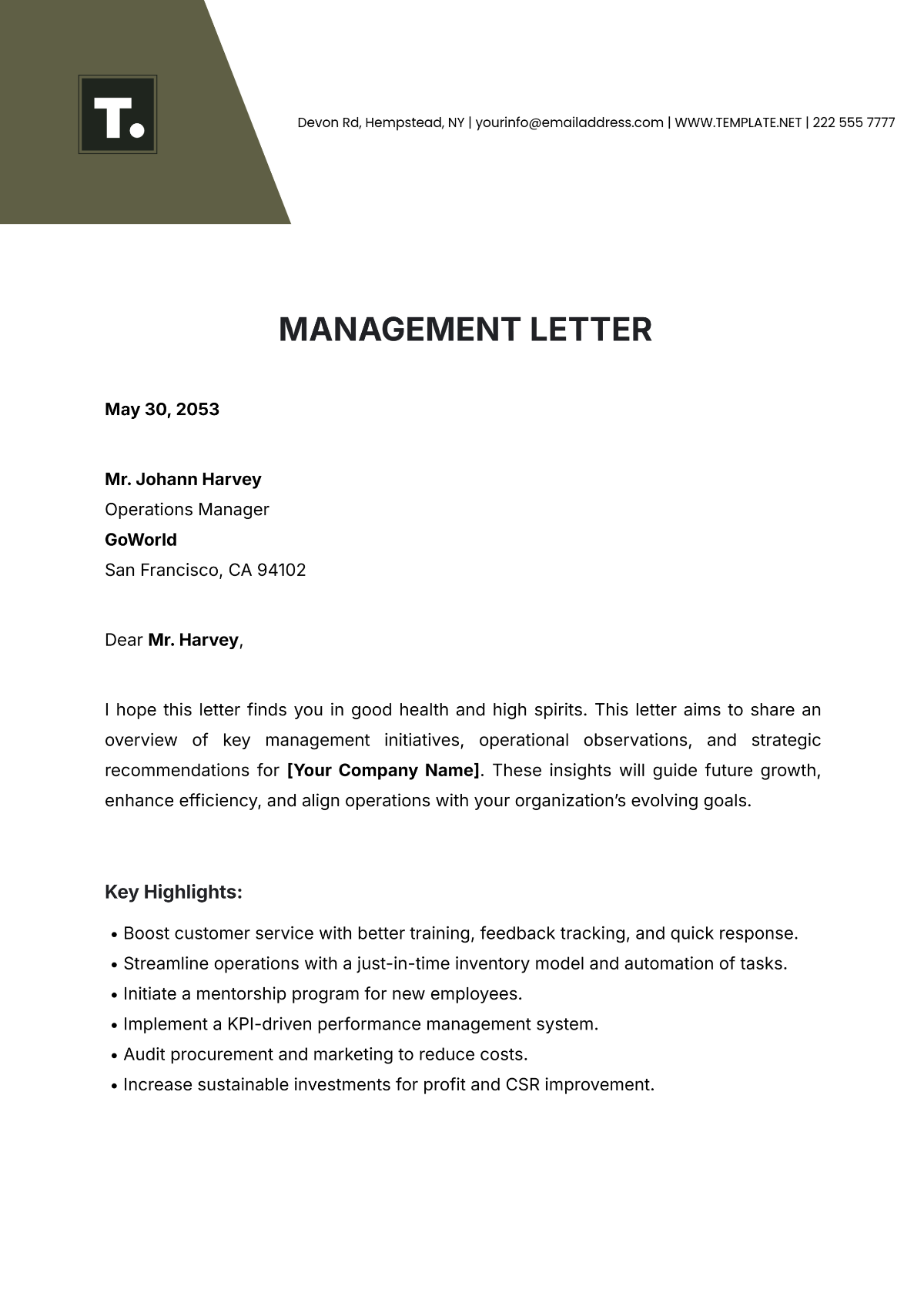 Free Management Letter Templates Editable And Printable