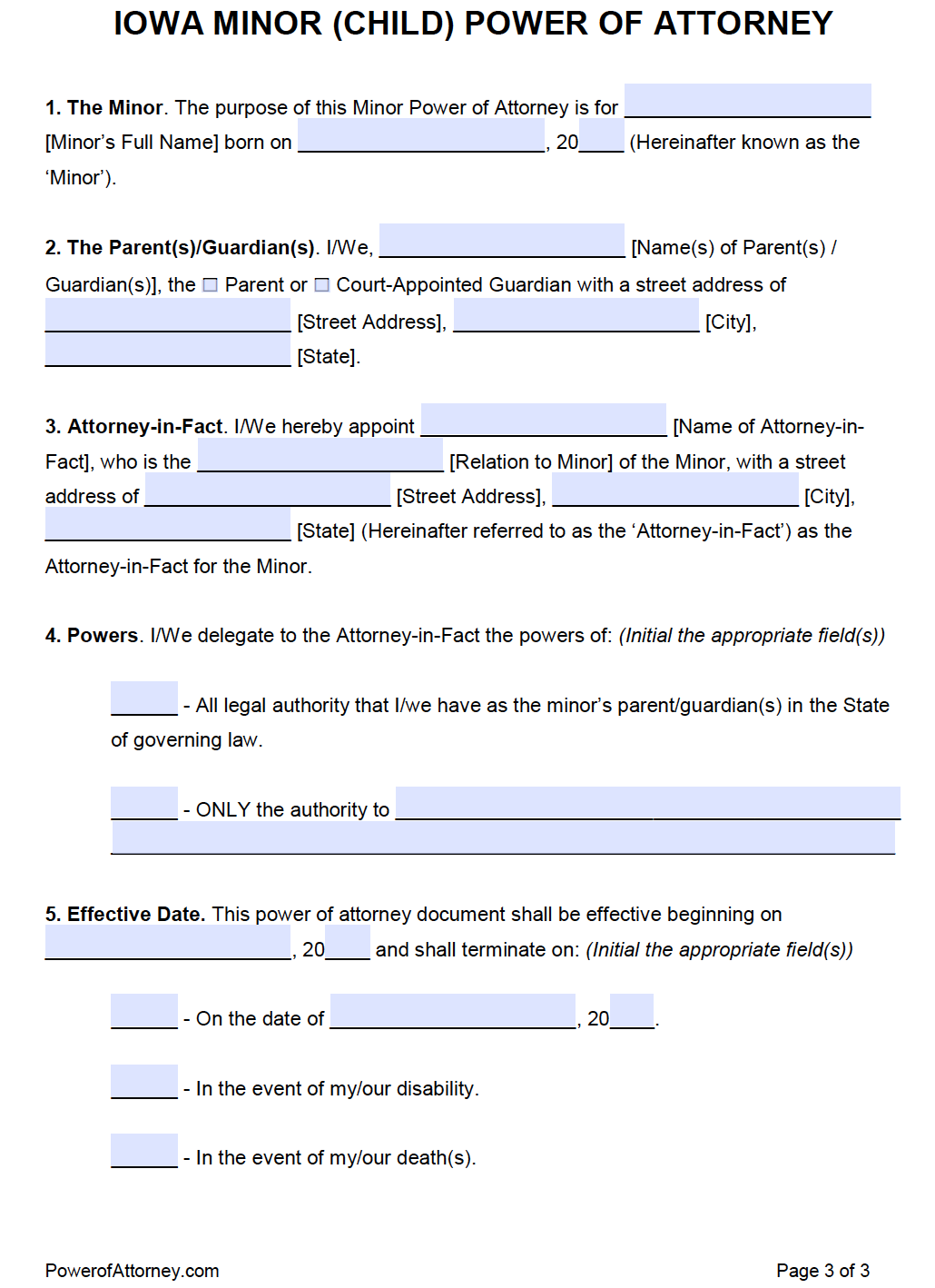 Free Minor Child Power Of Attorney Form Iowa