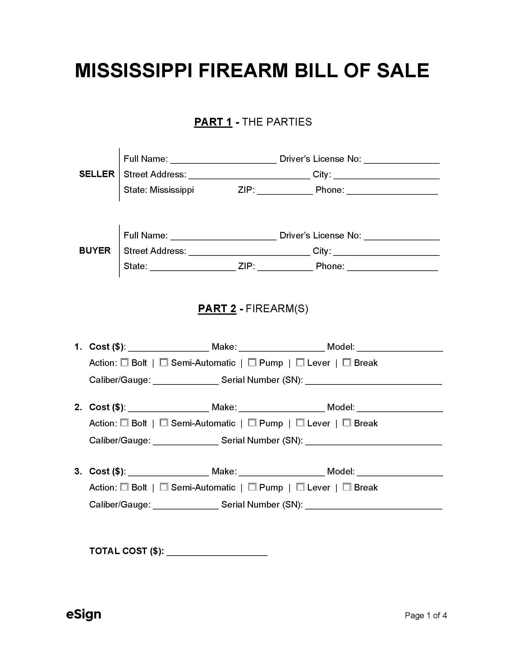 Free Mississippi Firearm Bill Of Sale Form PDF Word