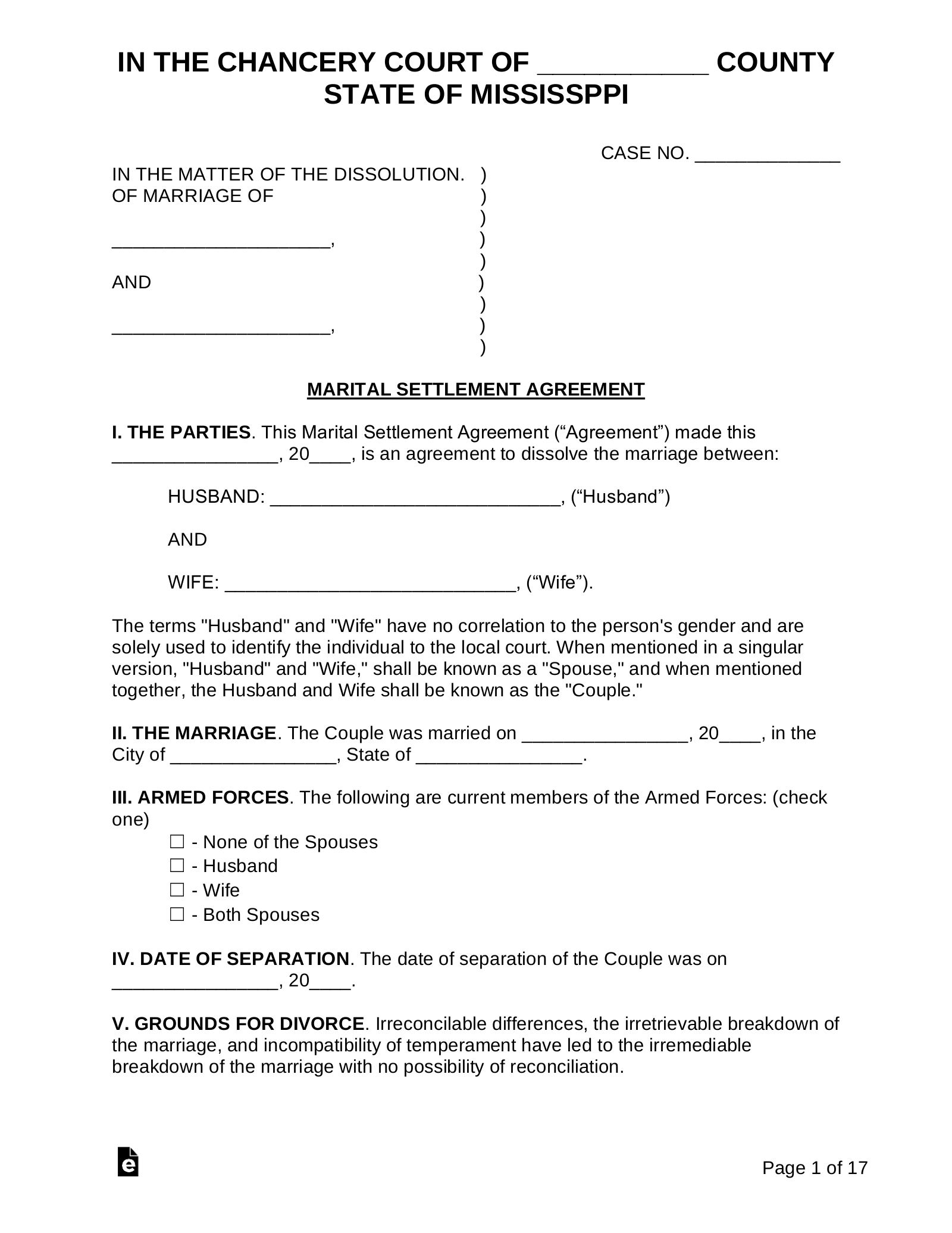 Free Mississippi Marital Settlement Divorce Agreement PDF Word EForms
