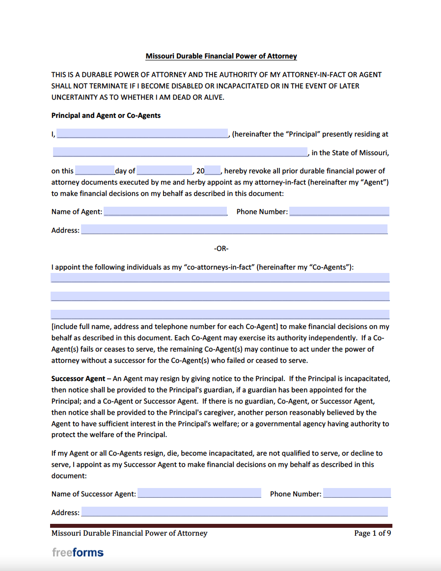 Free Missouri Durable Financial Power Of Attorney Form PDF