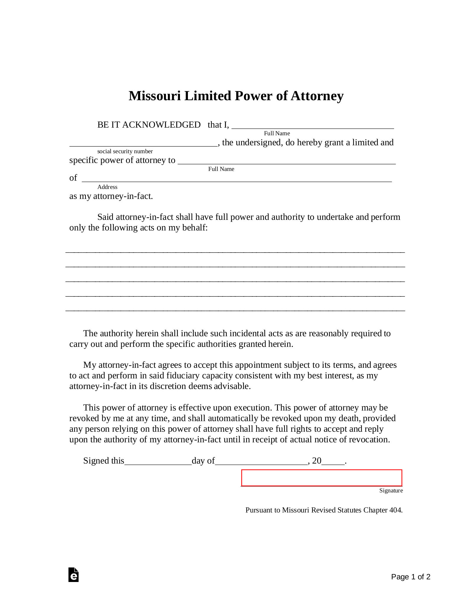 Free Missouri Limited Power Of Attorney Form PDF Word EForms