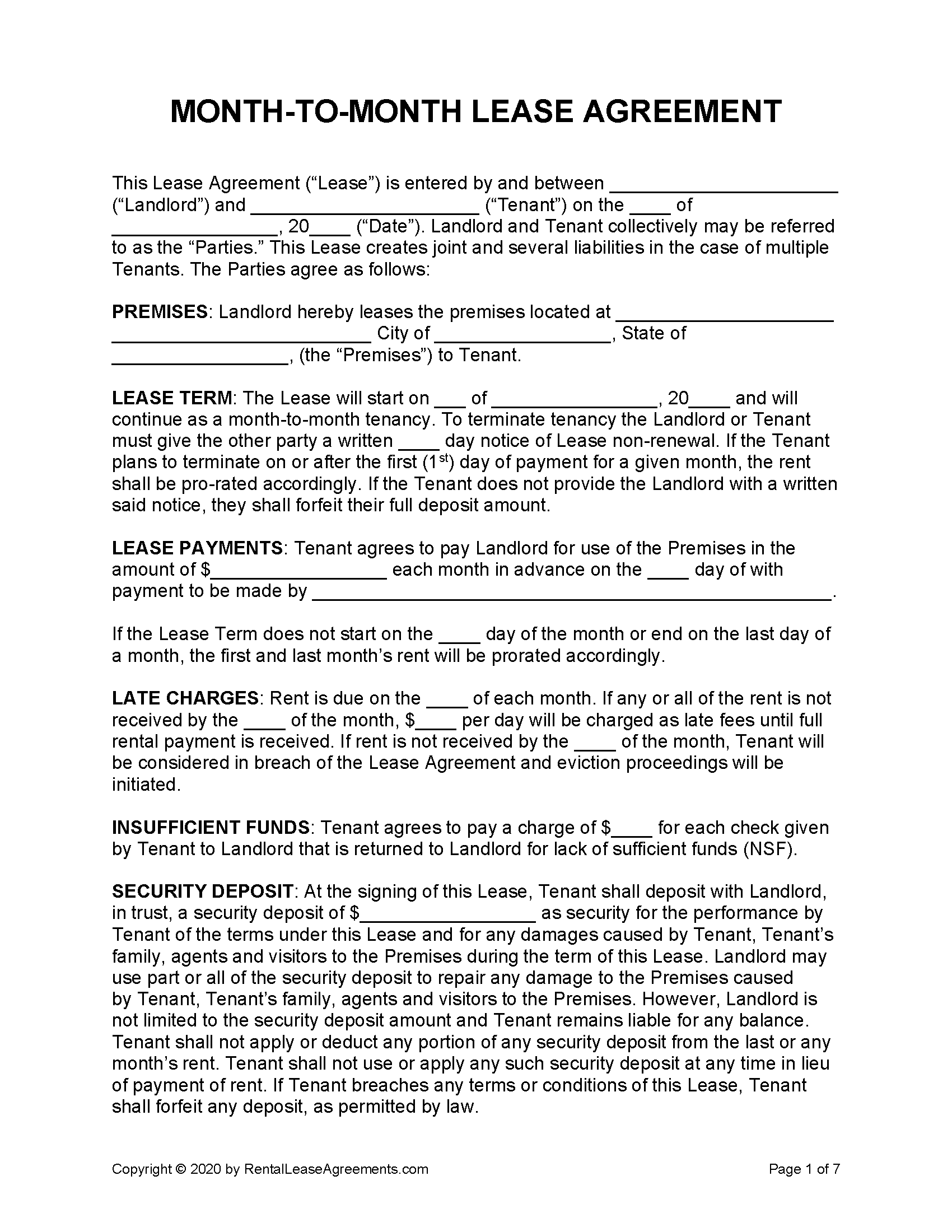 Free Month to Month Rental Agreement PDF Word