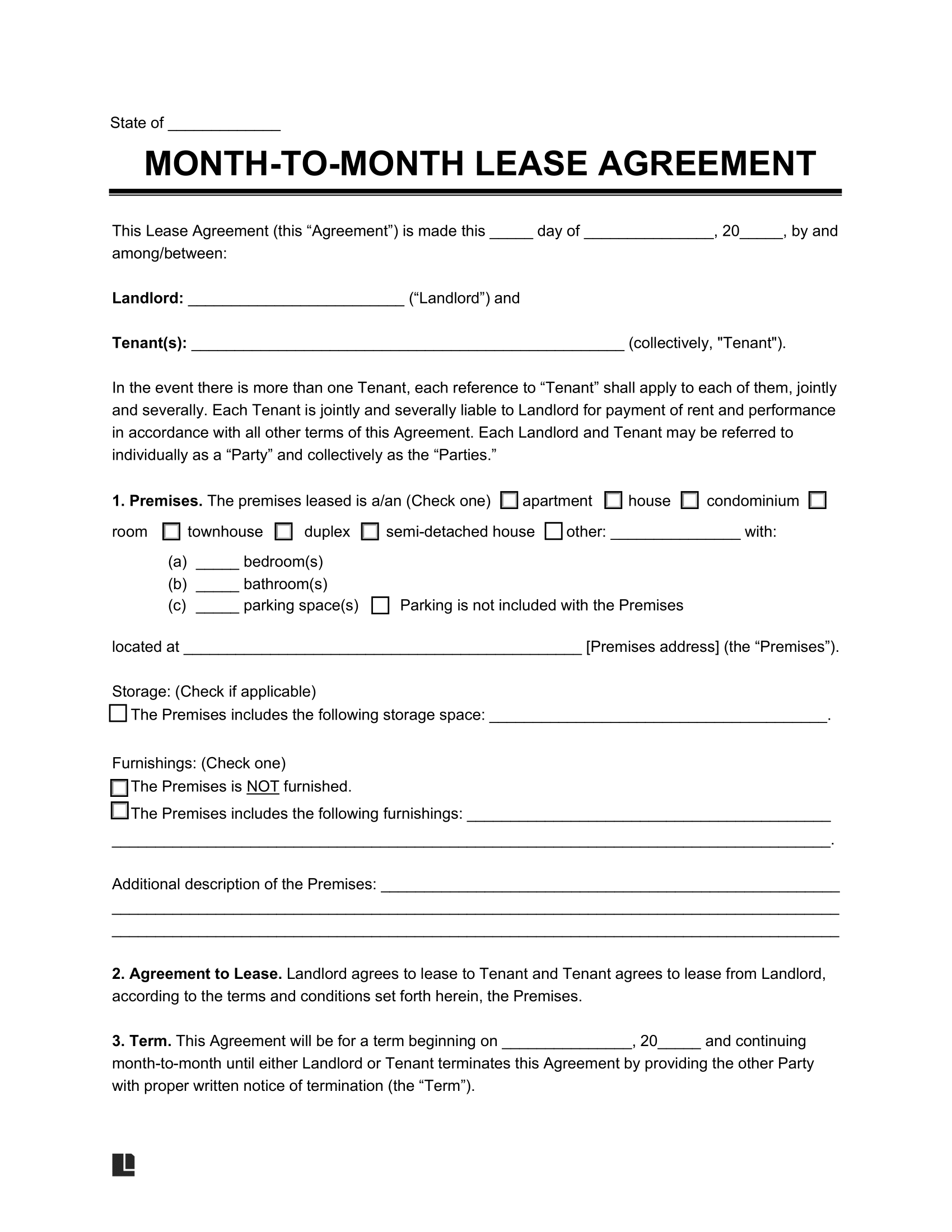 Free Month to Month Rental Agreement Template PDF Word