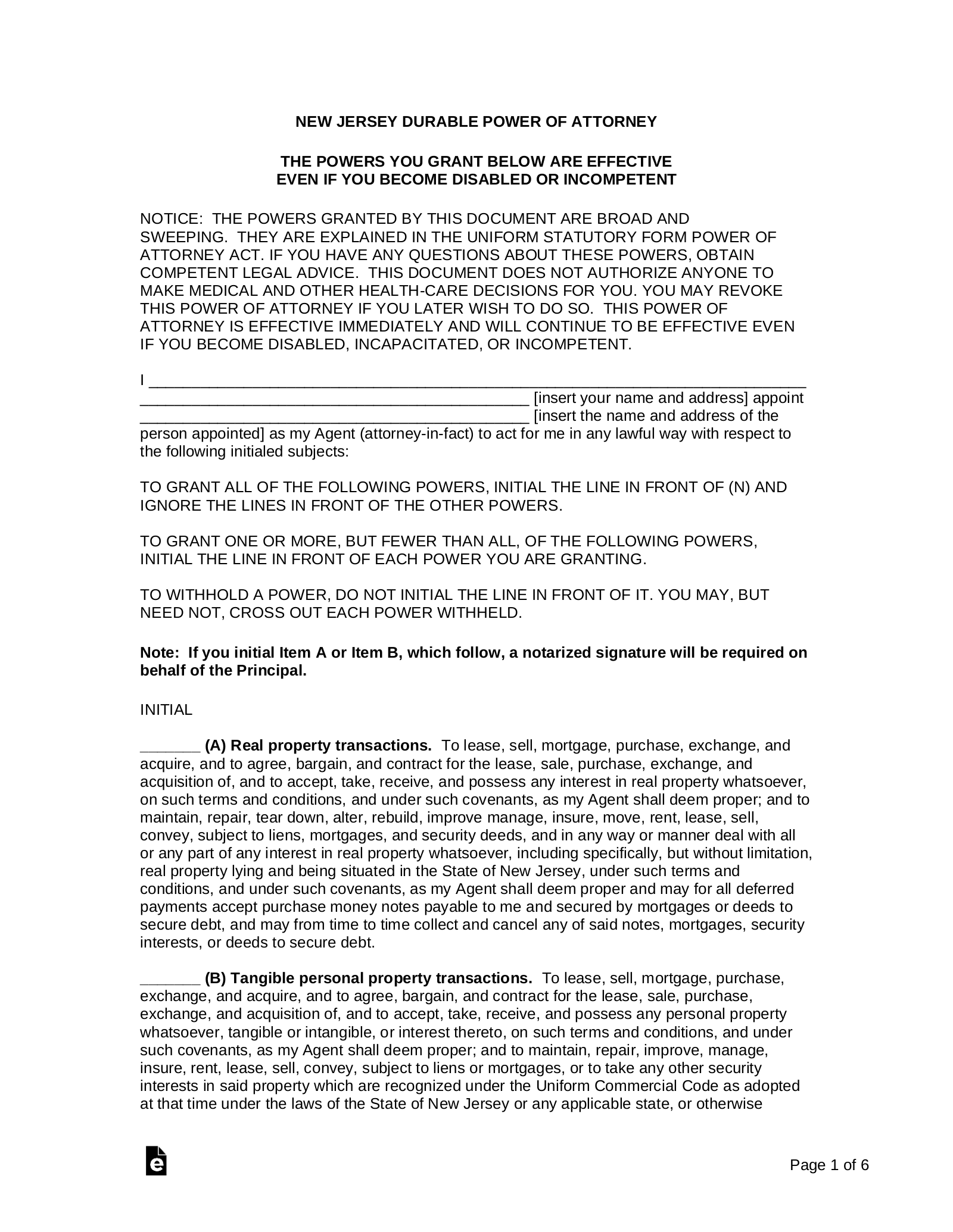 Free New Jersey Durable Financial Power Of Attorney Form PDF Word EForms