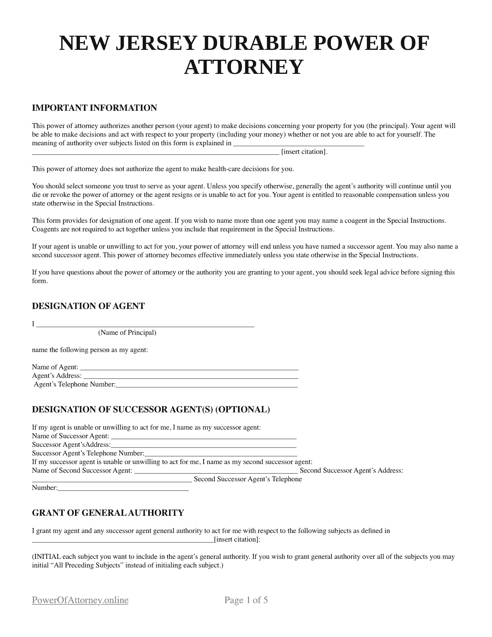 Free New Jersey NJ Power Of Attorney Forms Templates PDF